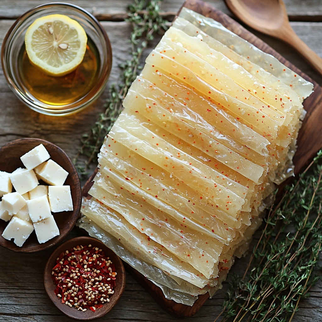 phyllo dough sheets neatly stacked with delicate, thin, translucent golden layers, rustic wooden surface background; feta cheese sticks cut into even white blocks with crumbly texture arranged in a small ceramic bowl and scattered beside it; small glass bowl with rich amber honey mixed with bright red chili flakes and smoky paprika, visible flecks inside; tiny dish of olive oil with glossy, smooth surface catching light; sprinkling of deep red chili flakes and vibrant smoked paprika powder artistically placed nearby; fresh green thyme sprigs and a small heap of beige sesame seeds for garnish; a halved lemon showcasing juicy bright yellow flesh; warm natural lighting highlighting textures and colors, soft shadows creating depth, minimalistic and clean aesthetic, subtle rustic props like linen napkin and wooden spoon nearby, overhead shot, top down view, flat lay photography, professional food styling --ar 1:1 --q 2 --s 750 --v 6.1