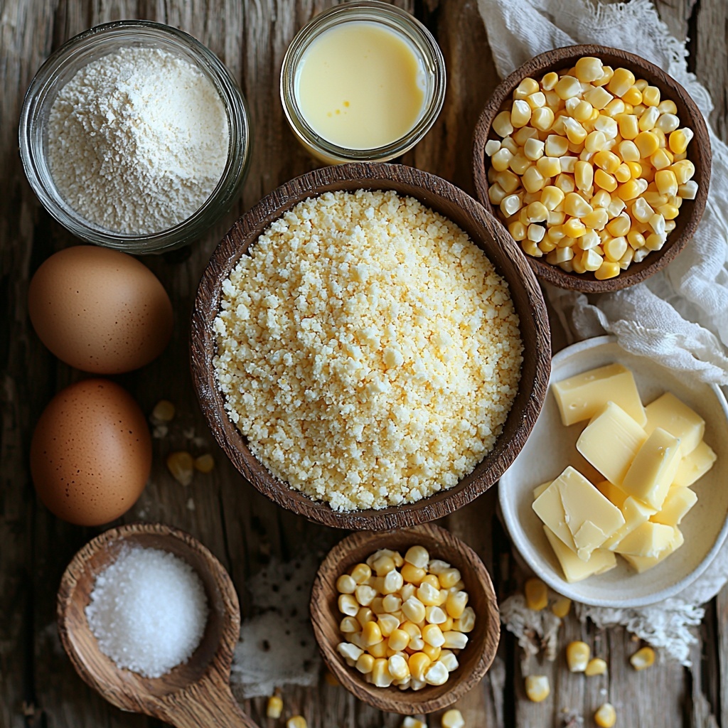 yellow cornmeal in a small rustic bowl, white all-purpose flour in a separate ceramic bowl, granulated sugar in a tiny glass jar, a wooden spoon with baking powder sprinkled on it, a small heap of fine salt crystals on a clean linen cloth, whole kernel corn kernels scattered artfully on a white plate, two large brown eggs resting on a natural wood surface, a clear glass measuring cup filled with creamy buttermilk, a small dish holding golden melted unsalted butter shimmering under soft light, optional shredded sharp cheddar cheese piled next to a bowl of chopped vibrant green chilies, all arranged neatly on a smooth, clean white wooden table, natural soft daylight illuminating the textures — warm yellows of cornmeal and corn, creamy whites of flour and buttermilk, rich browns of eggs and butter, contrasting with fresh green chilies and vivid orange cheddar, subtle shadows adding depth, minimalist rustic props for an inviting, wholesome feel, overhead shot, top down view, flat lay photography, professional food styling --ar 1:1 --q 2 --s 750 --v 6.1