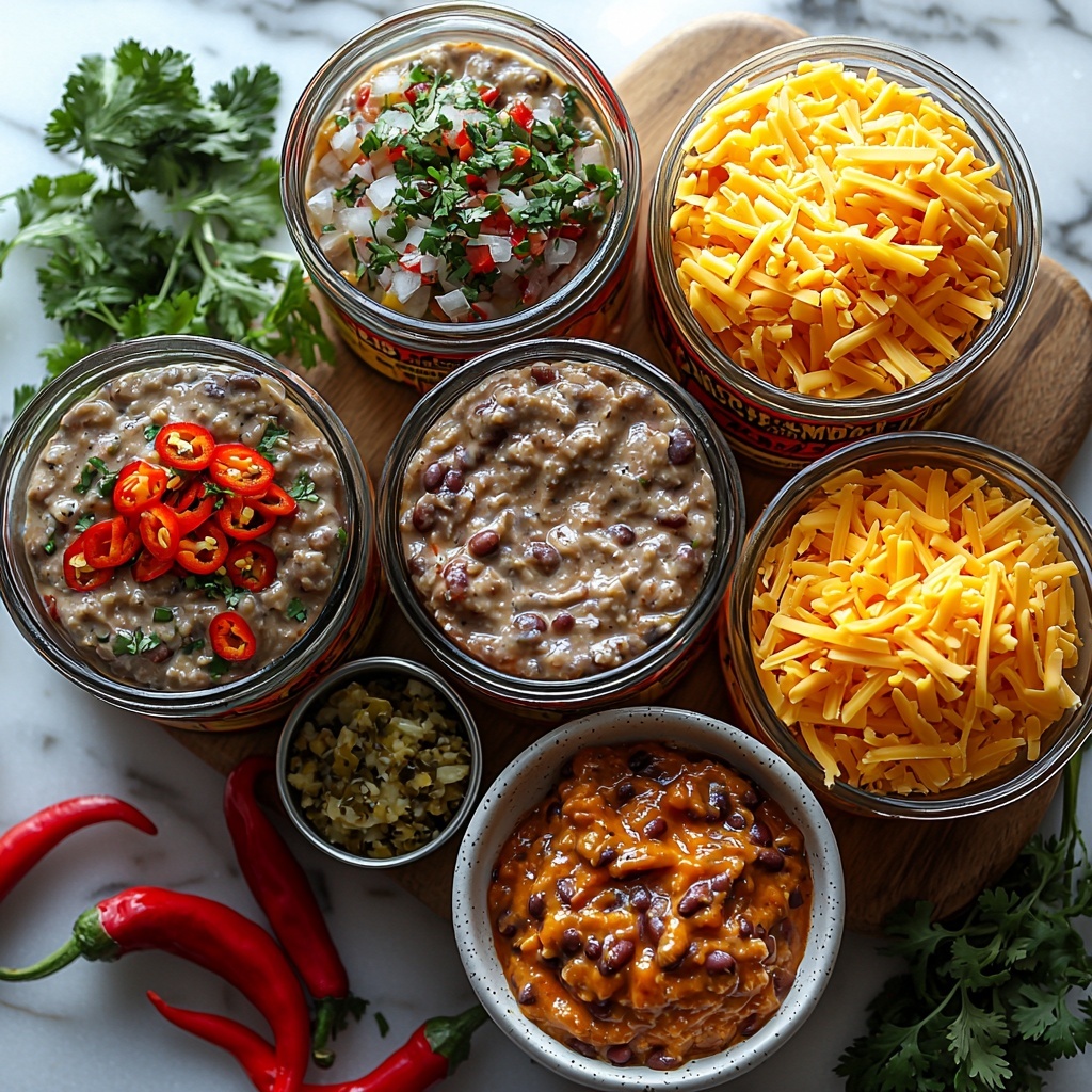8 ounces smooth cream cheese in a small glass bowl, soft and creamy texture; 1 cup thick sour cream in a white ceramic ramekin, glossy and smooth; one vibrant sealed package of taco seasoning with bold red and yellow graphics; two cans of refried beans with visible bean texture, one opened showing dark brown creamy beans in a tin can; 4.5 ounces drained green chiles, bright green, slightly wrinkled, heaped in a small clear bowl; 4 cups shredded sharp cheddar cheese, bright orange and yellow, loosely piled on a rustic wooden board and divided into two piles for contrast; all ingredients neatly arranged on a clean white marble surface with subtle natural light casting soft shadows, a few chili peppers and sprigs of fresh cilantro scattered around for color contrast and rustic appeal, crisp focus on textures and vivid colors, minimalistic and balanced composition with ample negative space, overhead shot, top down view, flat lay photography, professional food styling --ar 1:1 --q 2 --s 750 --v 6.1
