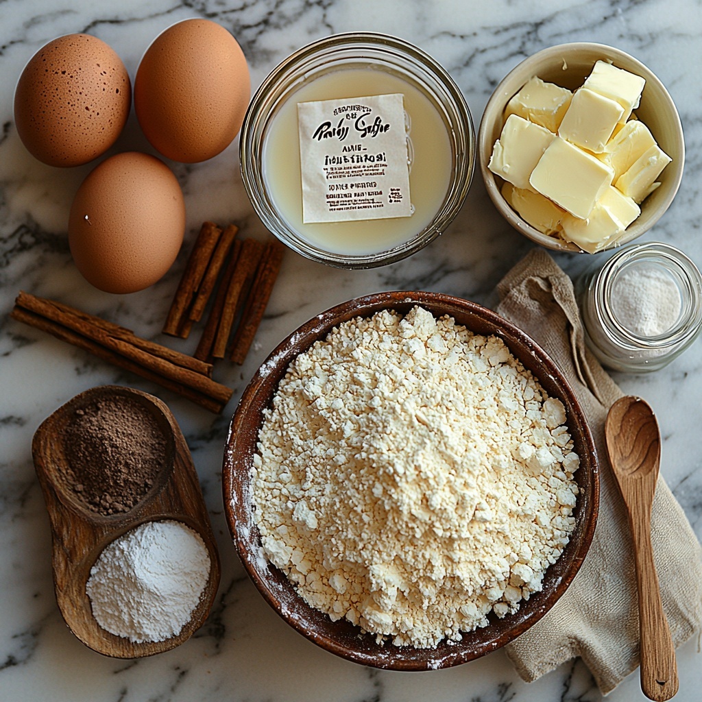 Warm water in a small glass bowl with visible bubbles, a packet of active dry yeast beside it, a small copper saucepan containing melted butter, whole milk, and granulated sugar with a subtle steam effect; rustic wooden spoon resting nearby. Two fresh brown eggs with smooth shells, a mound of all-purpose flour dusted lightly across a clean white marble surface, alongside a stick of unsalted butter, some softened and some solid, golden yellow in color. A small bowl piled high with packed dark brown sugar, a heap of ground cinnamon with a warm reddish-brown tone, and a small ceramic dish holding powdered sugar, pristine white and fluffy. Cream cheese softened in a vintage ceramic bowl, next to a tiny glass container of vanilla extract and a pinch of fine salt in a minimalist white dish. The ingredients are thoughtfully spaced on the marble surface with natural light casting soft shadows to highlight their textures—powdery, creamy, granular, and smooth—evoking warmth and homeliness. Minimal linen napkin edges and a wooden rolling pin placed at the side add rustic charm and balance the composition. overhead shot, top down view, flat lay photography, professional food styling --ar 1:1 --q 2 --s 750 --v 6.1