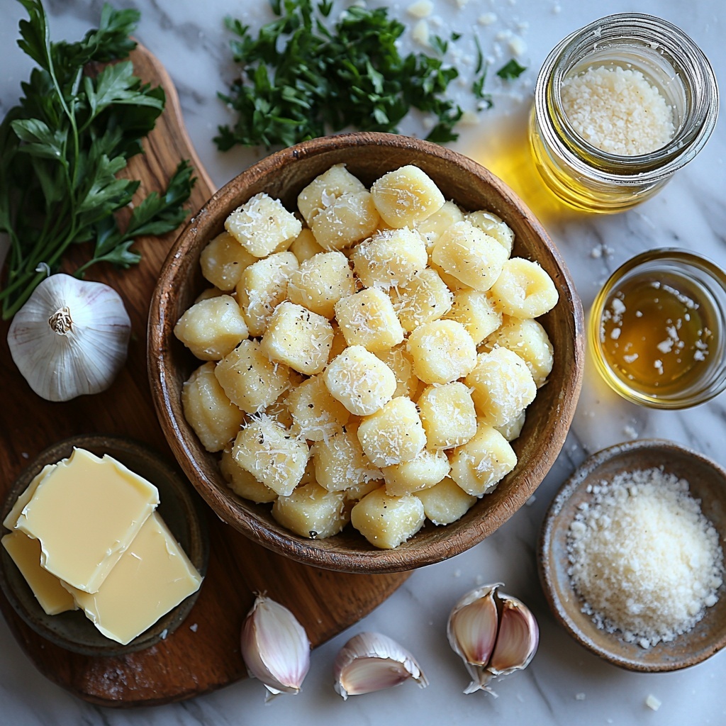 potato gnocchi in a small rustic bowl showing soft, pillowy texture; two tablespoons unsalted butter in a small glass dish melting slightly; two garlic cloves whole and peeled, one clove minced finely, placed on a wooden cutting board; a clear glass measuring cup filled with thick, glossy heavy cream; a small heap of grated Parmesan cheese on a white ceramic plate, showcasing fine, crumbly texture; a small bowl with bright green chopped fresh parsley; a small bottle of golden truffle oil with a few drops visible at the spout; scattered coarse salt crystals and cracked black peppercorns on a clean white marble surface; all ingredients arranged neatly spaced in a harmonious circular pattern, emphasizing fresh textures and warm creamy tones, natural soft daylight highlighting subtle shadows and vibrant colors, styled with minimal rustic props, fresh herbs adding a pop of color overhead shot, top down view, flat lay photography, professional food styling --ar 1:1 --q 2 --s 750 --v 6.1