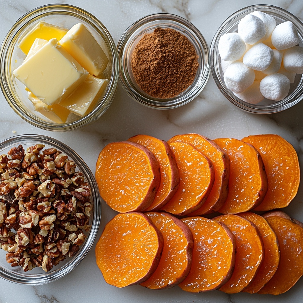 4-6 peeled sweet potatoes, sliced thinly into ⅛-inch rounds, arranged in neat overlapping semi-circles showcasing their vibrant orange flesh and smooth texture; a small glass bowl of golden melted butter with a glossy surface nearby; a small heap of deep brown, coarse brown sugar crystals casting soft shadows; a clear glass measuring cup filled with water reflecting soft highlights; three small rustic ceramic bowls each containing a fine mound of warm-toned spices – ground cinnamon, ground nutmeg, and ground cloves – their powders rich in reddish-brown hues and velvety texture; a tiny dish of fine white salt crystals glistening subtly; a small bowl filled with chopped walnuts, their rough, textured surfaces showing natural earthy tones of beige and brown; a white ramekin heaped with pillowy, pure white mini marshmallows, soft and fluffy; all ingredients arranged carefully on a pristine white marble surface with delicate natural light, gentle shadows to enhance textures and colors, minimal props with subtle linen napkin folds and clean lines for a modern, inviting culinary workspace feel — overhead shot, top down view, flat lay photography, professional food styling --ar 1:1 --q 2 --s 750 --v 6.1