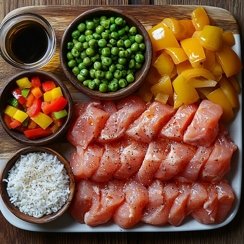 4 boneless, skinless chicken breasts cut into bite-sized pieces arranged neatly on a white ceramic plate, next to a small wooden bowl filled with minced fresh garlic cloves; a clear glass measuring cup holding uncooked long-grain white rice with individual grains visible; a rustic bowl containing vibrant mixed veggies showcasing red and yellow bell pepper slices with bright green peas, a small dish of golden olive oil reflecting light, a shallow bowl with low-sodium soy sauce dark and glossy, and a transparent measuring cup filled with pale golden low-sodium chicken broth; sprinkle of coarse salt and cracked black pepper neatly displayed on a small slate tile; all items artfully spaced on a smooth, light wooden surface with soft natural lighting that enhances the fresh colors and textures, subtle shadows adding depth, minimalist styling with a clean, airy feel, overhead shot, top down view, flat lay photography, professional food styling --ar 1:1 --q 2 --s 750 --v 6.1