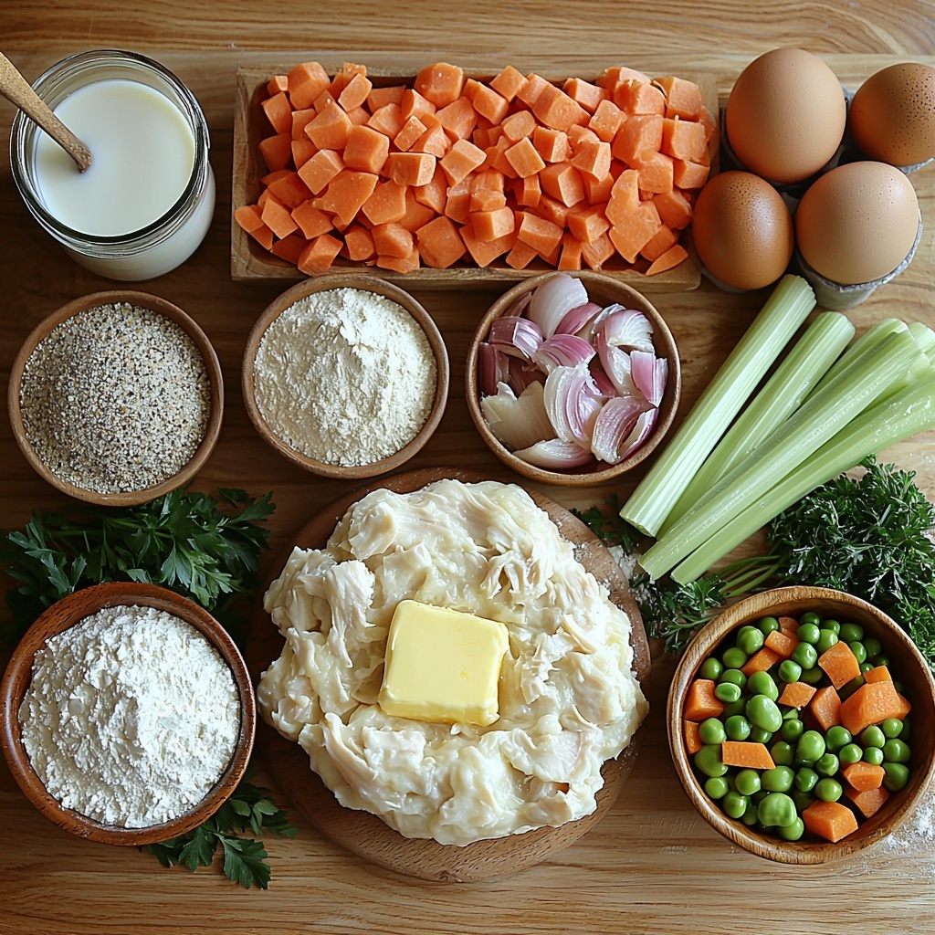 A clean, light wooden surface arranged with the main ingredients for chicken pot pie: a ball of chilled, pale homemade pie dough dusted with flour, a whole raw boneless skinless chicken breast with natural pink and white tones, a small pat of creamy yellow butter on a small ceramic dish, sliced crisp pale green celery stalks, finely chopped white and purple-tinged onions in a small bowl, a small heap of fine off-white all-purpose flour, scattered coarse salt crystals and freshly ground black peppercorns, a tiny wooden spoon with celery seeds, a small bowl containing light beige garlic powder, a small jar of rich golden chicken bouillon paste with a small spoon, a glass measuring cup with creamy white milk, a bowl of colorful frozen veggies showing vibrant orange carrots, bright green peas and beans, and yellow corn kernels, a whole brown egg next to a small bowl with pale yellow milk for the egg wash; ingredients spaced evenly with fresh sprigs of parsley for a touch of green, natural daylight illuminating textures—the glossy surface of butter, the powdery flour, and the fibrous celery—soft shadows for depth, minimalistic and inviting composition, overhead shot, top down view, flat lay photography, professional food styling --ar 1:1 --q 2 --s 750 --v 6.1