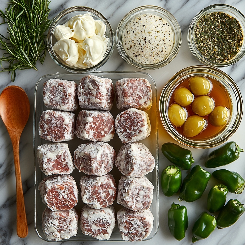 au jus mix packet, ranch dressing mix packet, glass measuring cup with rich brown beef broth, small bowl of smooth creamy heavy cream, small clear jar with light greenish-yellow pepperoncini juice, frozen round beef meatballs with frosty texture in a shallow dish, vibrant whole green pepperoncini peppers scattered artistically, all ingredients neatly arranged on a clean white marble surface, bright natural lighting highlighting contrasting colors and textures, minimal shadows, rustic wooden spoon and a linen napkin folded softly at the edge for warmth, fresh and inviting atmosphere, overhead shot, top down view, flat lay photography, professional food styling --ar 1:1 --q 2 --s 750 --v 6.1