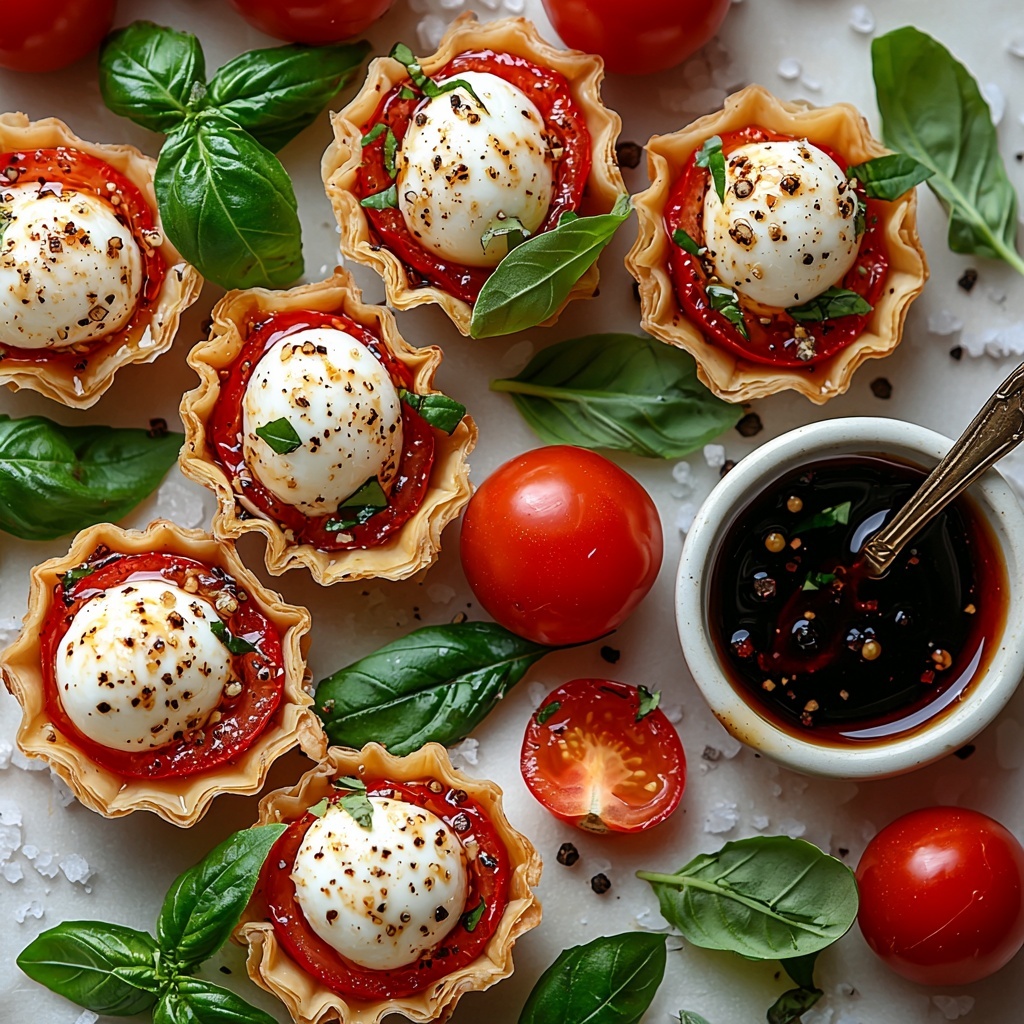 Cherry tomatoes halved, glossy bright red with juicy interiors visible, fresh mozzarella balls (bocconcini and ciliegine) smooth and creamy white, vibrant fresh basil leaves torn and whole showcasing rich green hues, small golden crispy phyllo pastry cups and mini tart shells with delicate flaky texture, a small dish of dark, shiny balsamic glaze with thick syrupy consistency, scattered coarse salt crystals and cracked black peppercorns adding texture contrast; all ingredients artistically arranged on a clean white surface with natural soft lighting emphasizing the freshness and vivid colors; utensils like a silver spoon gently placed beside the balsamic glaze, basil leaves thoughtfully positioned for color pops, slight shadows creating depth without clutter; the composition balanced yet inviting, capturing the essence of festive Christmas appetizer preparation — overhead shot, top down view, flat lay photography, professional food styling --ar 1:1 --q 2 --s 750 --v 6.1