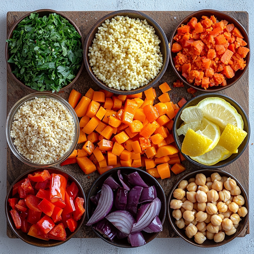 Moroccan couscous salad ingredients arranged neatly on a clean white surface: a small bowl of golden yellow Moroccan-style couscous with plump raisins scattered on top, vibrant diced red bell pepper pieces, deep purple diced eggplant cubes, fresh green diced zucchini, and finely chopped bright red onion grouped separately. Nearby, peeled and grated bright orange carrots presented in a small rustic bowl next to a small pile of pale beige chickpeas. Fresh Italian parsley leaves with bright green color and a small heap of sliced almonds with creamy texture arranged artfully. Small glass jar of golden extra virgin olive oil with a lemon wedge and scattered fresh lemon zest for a pop of yellow. Tiny bowls holding earthy ground turmeric, cumin, and coriander powders. A drizzle of olive oil glistens slightly on some ingredients. The overall arrangement is spacious and balanced, emphasizing the varied textures and warm, fresh colors of the raw components. Overhead shot, top down view, flat lay photography, professional food styling --ar 1:1 --q 2 --s 750 --v 6.1