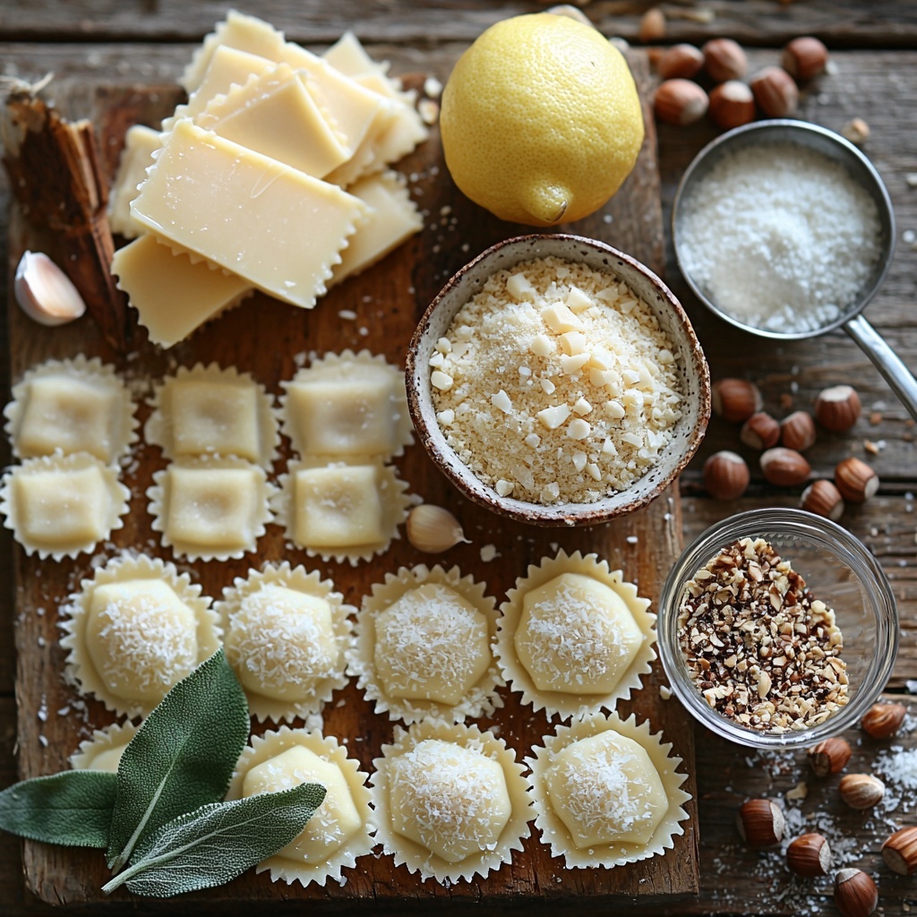 Butter pieces arranged in a neat row, golden panko breadcrumbs in a small white bowl, chopped hazelnuts roughly scattered nearby, fresh sage leaves cut into delicate ribbons fanned out on a wooden surface, minced garlic cloves finely minced on a small spoon, wedge of lemon with a few drops of juice glistening, uncooked cheese ravioli laid out in a grid pattern showcasing their soft, pale dough and stuffed centers, small clear glass bowl with amber browned butter sauce showing rich, foamy texture, measuring spoon with coarse salt and black pepper, finely shredded Pecorino Romano cheese sprinkled lightly next to a grater, all ingredients displayed on a clean, light-colored wooden table with natural soft daylight, subtle shadows for depth, minimalist rustic styling with natural textures and warm tones, overhead shot, top down view, flat lay photography, professional food styling --ar 1:1 --q 2 --s 750 --v 6.1