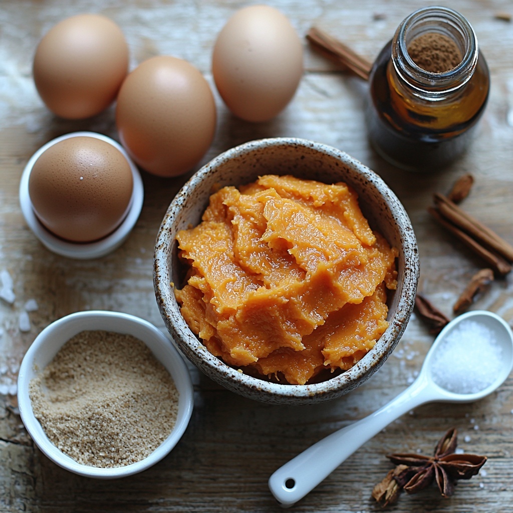 pumpkin puree in a small rustic ceramic bowl with a rich orange color and smooth texture, a glass measuring cup filled with creamy white heavy cream, two large fresh brown eggs cracked open next to clean whole eggs on a white surface, a small wooden bowl of golden brown sugar with a slightly coarse texture, a tiny white ceramic spoon resting on a pile of ground cinnamon powder with warm reddish-brown tones, scattered nutmeg and ground ginger powder in delicate white ramekins showing fine, warm beige and light brown textures, a small clear glass bottle of vanilla extract with a dark amber liquid inside, a pinch of salt displayed in a minimalist white dish, all ingredients artfully arranged on a clean light wooden table with soft natural light highlighting the colors and textures, subtle shadows for depth, styled with autumnal cozy vibes, overhead shot, top down view, flat lay photography, professional food styling --ar 1:1 --q 2 --s 750 --v 6.1