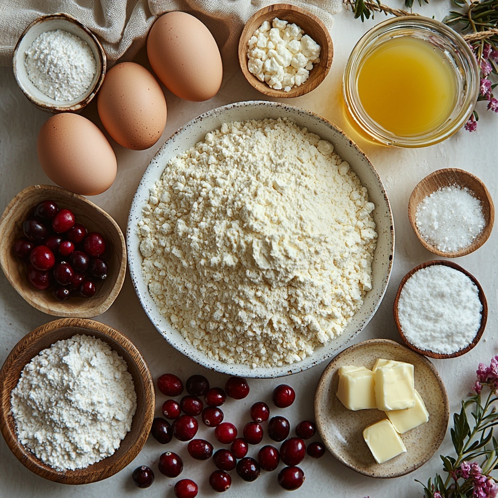 4 cups all-purpose flour in a small clear glass bowl, soft white powder with a fine texture; 1/4 cup granulated sugar in a small white ceramic bowl, sparkling crystalline texture; 1 packet instant yeast (2 1/4 teaspoons), unopened beige packet with simple text; 1 teaspoon salt next to flour, coarse white grains in a tiny wooden scoop; 1/2 cup warm milk in a small glass measuring cup, creamy off-white liquid with slight steam visible; 1/4 cup unsalted butter melted, glossy golden liquid in a small clear bowl; 2 large brown eggs with smooth shells, placed side by side; 1 cup fresh chopped cranberries, vibrant deep red chunks with glossy surfaces scattered loosely on a white plate; 1 tablespoon bright orange zest, finely grated, placed neatly beside cranberries; 1/2 cup powdered sugar in a small white bowl, fluffy white powder; 2 tablespoons fresh orange juice in a mini glass pitcher, bright translucent orange liquid. All ingredients arranged in an aesthetically balanced composition on a clean white matte surface with soft natural light, slight shadows for depth, some rustic wooden spoons and linen napkin as props for warmth and texture. The scene evokes freshness and inviting homemade baking preparation. Overhead shot, top down view, flat lay photography, professional food styling --ar 1:1 --q 2 --s 750 --v 6.1