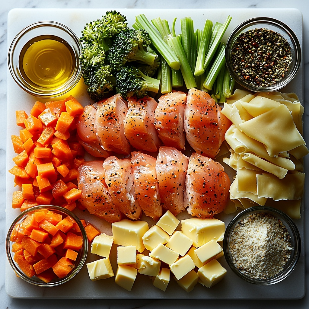 boneless skinless chicken breasts halved, small glass bowl of olive oil, salted butter divided into neat pats, diced yellow onion in a small heap, diced carrot with bright orange cubes, diced celery stalks with fresh green pieces, minced garlic cloves scattered elegantly, chopped vibrant green broccoli florets, small bowls of seasoning powders: salt, black pepper, garlic powder, onion powder, herbes de Provence arranged in line, a small mound of all-purpose flour, clear measuring cup with golden chicken broth, glass jug of creamy heavy cream, broken pieces of pale yellow lasagna sheets laid in a casual pile, a small bowl of grated Parmesan cheese with a snowy texture; ingredients spaced evenly on a clean white marble surface with soft natural light highlighting vivid colors and varied textures, minimal shadows, subtle rustic props like a wooden spoon and a linen napkin placed thoughtfully nearby for a cozy, inviting feel, overhead shot, top down view, flat lay photography, professional food styling --ar 1:1 --q 2 --s 750 --v 6.1