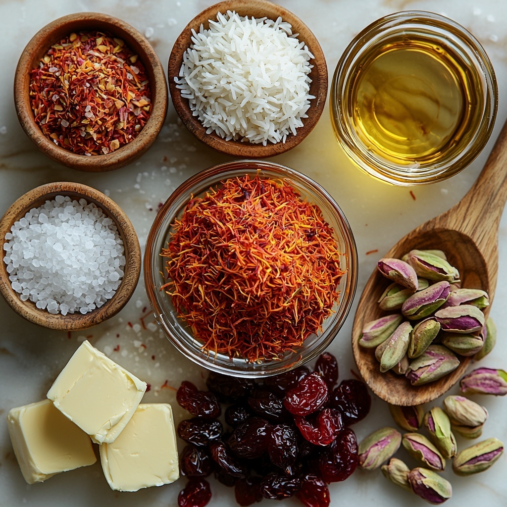 saffron threads in a small glass bowl with rich golden-red hues, loose uncooked Royal basmati rice scattered neatly in a small pile with long slender grains, a wooden spoon holding coarse kosher salt crystals sparkling under light, a small white bowl of creamy whole milk yogurt with smooth texture, a clear glass bottle or small jar of grape seed oil with a pale yellow tint, finely chopped dried cherries in a tiny white dish showing deep ruby red color, a small pile of bright orange grated orange zest with a fresh and zesty appearance, a tiny bowl of ground cinnamon powder with warm brown tones and fine texture, several cubes of unsalted butter with pale yellow creamy color stacked together on parchment paper, roughly chopped pistachios scattered loosely showcasing their rich green and purple hues—all arranged artfully on a clean, light-colored marble surface with soft natural lighting casting gentle shadows, minimal props emphasizing freshness and color contrast, styled with casual elegance and harmony to highlight Persian flavors and textures overhead shot, top down view, flat lay photography, professional food styling --ar 1:1 --q 2 --s 750 --v 6.1