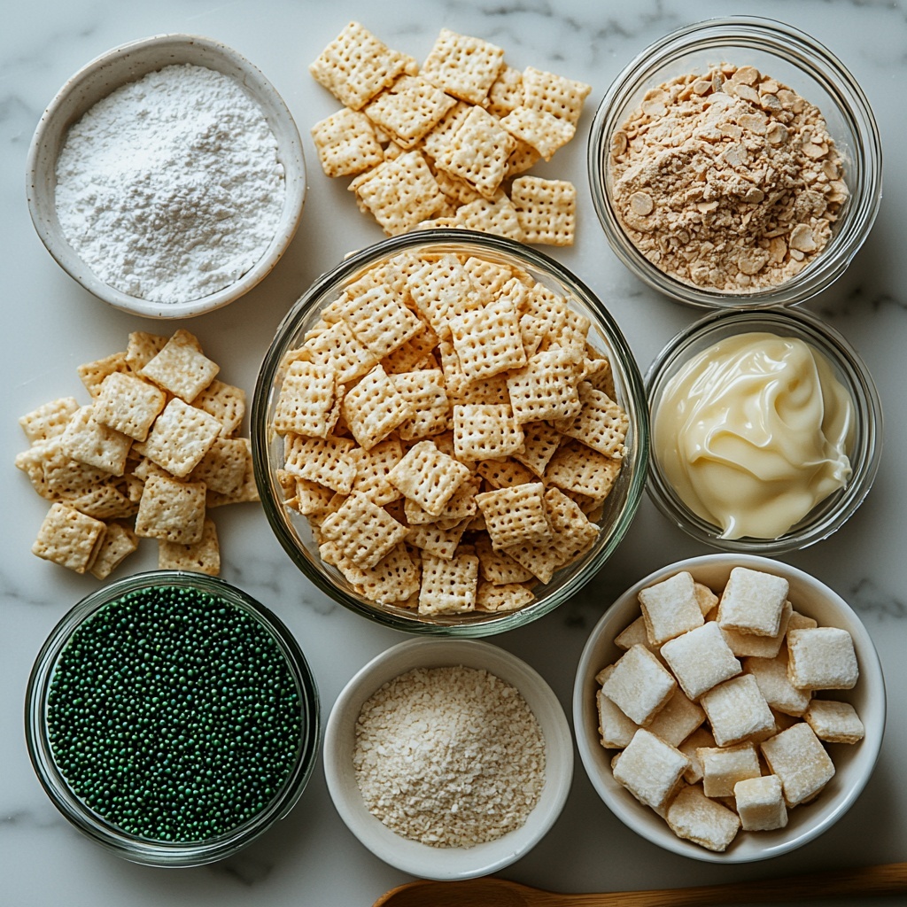 6 cups crunchy Rice Chex cereal in a large clear glass bowl, bright white and geometric texture; a microwave-safe bowl filled with smooth, glossy melted Wilton’s green icing, vibrant shamrock green color; a small white ceramic bowl heaping with fine, powdery white powdered sugar; a separate small bowl with soft beige sugar cookie mix, slightly grainy texture; a small dish with shiny, colorful gold sprinkles catching the light; two gallon-size clear zip-top bags, one empty and one partially filled with mixed coated cereal; all ingredients neatly arranged on a clean, white minimalist surface with soft natural lighting emphasizing textures and vibrant colors, subtle shadows for depth, balanced spacing with a touch of rustic charm; wooden spoon and parchment paper sheet folded nearby for context, evoking fresh, homemade festive treats — overhead shot, top down view, flat lay photography, professional food styling --ar 1:1 --q 2 --s 750 --v 6.1