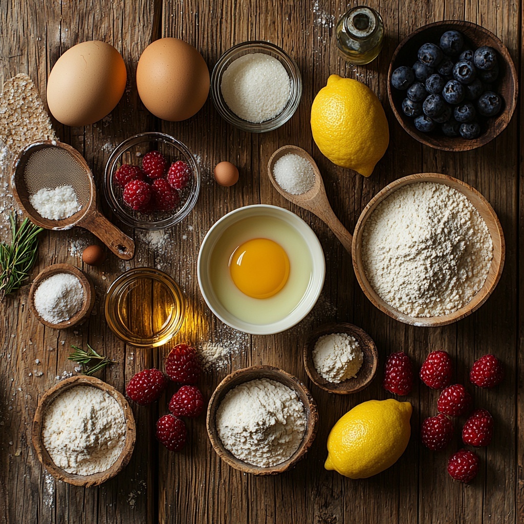 A clean, light wooden surface with ingredients neatly arranged in a harmonious flat lay: two large brown eggs with smooth shells, a small white ceramic bowl filled with fine white granulated sugar, a small glass bowl of pale beige all-purpose flour, a tiny dish containing white baking powder, a clear glass measuring cup with creamy white milk, a small glass bowl holding bright yellow fresh lemon juice, fresh lemon zest arranged in a small pile showcasing vibrant yellow curls, a small amber glass bottle of vanilla extract, a few pinches of coarse salt sprinkled artistically on a wooden spoon, a fine mesh sieve with a dusting of powdered sugar nearby, and a small cluster of fresh mixed berries—deep red raspberries, bright blue blueberries, and dark purple blackberries—with natural variations in texture and color. The ingredients are spaced evenly with soft, natural light highlighting textures—the smoothness of eggs, powdery flour, liquid milk, and the vibrant zest popping against the neutral background. Subtle shadows add depth and dimension, styled with minimal rustic props like linen napkins and vintage spoons to enhance an inviting, fresh baking atmosphere. overhead shot, top down view, flat lay photography, professional food styling --ar 1:1 --q 2 --s 750 --v 6.1