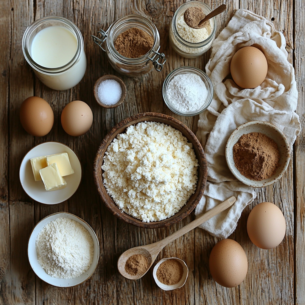 A clean, light wooden surface neatly arranged with all main ingredients for Snickerdoodle Muffins: a rustic ceramic bowl filled with white all-purpose flour, a small glass jar of golden brown sugar with a wooden spoon resting inside, a clear dish holding fine granulated sugar, a small white ramekin with warm cinnamon powder, a small heap of fluffy baking powder and baking soda powders in separate white porcelain spoons, a pat of creamy unsalted butter partially melted on a white plate, two large fresh brown eggs with smooth shells, a small glass pitcher of creamy milk, a small glass bottle of vanilla extract with a cork, and a tiny bowl combining cinnamon and sugar for topping. The ingredients are spaced evenly with natural soft daylight illuminating them, highlighting the contrasting textures—powdery flour, crystalline sugar, smooth eggs, and glossy butter—with subtle shadows adding depth. A neutral linen napkin is softly folded to one side, and a wooden mixing spoon lies diagonally across part of the scene, adding warmth and a handmade feel. Overhead shot, top down view, flat lay photography, professional food styling --ar 1:1 --q 2 --s 750 --v 6.1