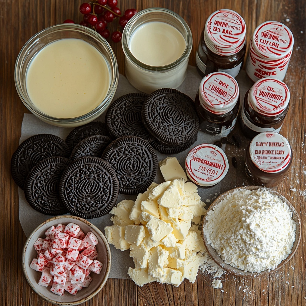 A clean, bright surface with all main ingredients of a festive no-bake chocolate peppermint dessert artfully arranged: whole Oreo cookies stacked in a neat pile, some broken to reveal creamy filling and dark chocolate crumb texture; a small glass bowl of melted golden butter glistening under soft light; a dollop of softened pale yellow butter on a rustic ceramic plate; a smooth slab of creamy, ivory-bright cream cheese resting on parchment paper; a delicate heap of fine white powdered sugar spilling slightly from a vintage measuring cup; two small glass bottles labeled vanilla and peppermint extract with clear amber and pale green liquid; a fluffy mound of stabilized whipped topping with airy, snowy white peaks in a white bowl; crushed peppermint candy canes scattered artistically in a small bowl and loosely spread around, showing vibrant red and white shards; two sealed packages of glossy dark chocolate instant pudding mix with bold packaging; a glass pitcher filled with creamy whole milk reflecting soft daylight; a second bowl overflowing with smooth whipped topping; all ingredients spaced evenly, styled with sprigs of fresh mint and festive red berries for a Christmas touch, natural soft shadows, warm and inviting color palette emphasizing reds, whites, and chocolate browns, overhead shot, top down view, flat lay photography, professional food styling --ar 1:1 --q 2 --s 750 --v 6.1