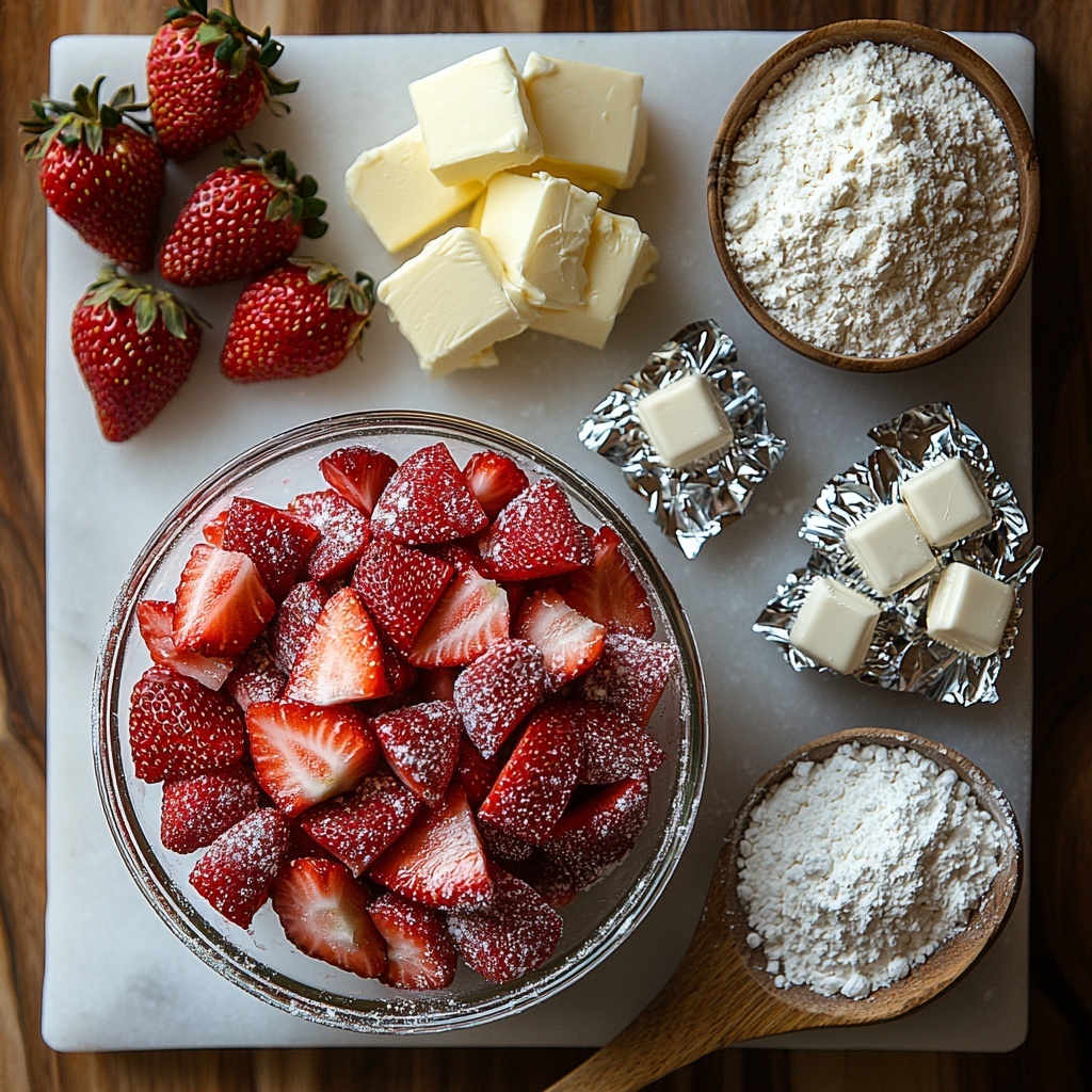 A clean white marble surface neatly arranged with the main ingredients for Strawberry Kiss Cookies: a glass bowl filled with finely chopped fresh red strawberries, a small mound of soft pale yellow unsalted butter, a heap of fine white granulated sugar, a portion of creamy off-white all-purpose flour, a teaspoon of white baking powder in a delicate ceramic spoon, and twelve shiny, unwrapped silver foil chocolate kisses scattered artfully nearby. Soft natural lighting emphasizes the vibrant red of the strawberries and the smooth texture of the butter and sugar. A touch of rustic charm with a light dusting of flour scattered around and a wooden spoon resting casually to the side. The composition is balanced with negative space and subtle shadows to create depth and warmth. overhead shot, top down view, flat lay photography, professional food styling --ar 1:1 --q 2 --s 750 --v 6.1