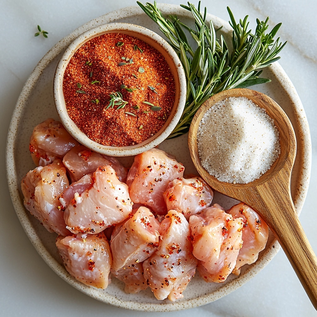 A clean white marble surface with the main ingredients for Old Bay Wings artfully arranged in a balanced flat lay: raw chicken wings and drumettes with their smooth, pale pink skin and subtle marbling clustered in one corner; a small rustic ceramic bowl filled with bright orange-red Old Bay Seasoning powder with fine, slightly gritty texture; next to it, a wooden spoon holding the fine, pale off-white baking powder with a powdery, soft appearance. Sprigs of fresh green herbs subtly placed nearby for a pop of color and freshness. Soft natural light casting gentle shadows that enhance the textures of the chicken skin and powder grains. Minimalist styling with neutral-toned linen napkin partially visible at the edge, creating an inviting, clean, and appetizing composition. overhead shot, top down view, flat lay photography, professional food styling --ar 1:1 --q 2 --s 750 --v 6.1