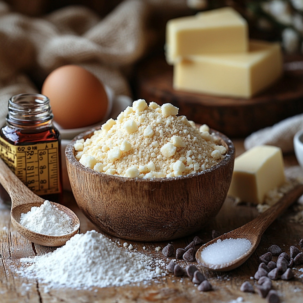Unsalted butter in a small glass bowl partially melted with warm golden hues, light brown sugar in a rustic ceramic bowl showcasing soft, grainy texture, granulated sugar in a clear glass jar sparkling under natural light, one large brown egg with smooth shell resting on a wooden spoon, a small glass bottle of vanilla extract with amber liquid, coarse salt crystals sprinkled artfully on a white ceramic plate, measuring spoons filled with baking soda and baking powder next to each other highlighting fine powders, a small bowl of rich dark cocoa powder with velvety texture, a delicate heap of white cornstarch on a vintage spoon showing fine powder, a neat pile of all-purpose flour with soft clouds and subtle shadows, shiny white chocolate chips scattered loosely across the surface, a tiny dish holding vibrant red gel food coloring glowing intensely, cold softened unsalted butter square on parchment paper with small ridges, a smooth square of cream cheese on a white plate reflecting creamy softness, a small bottle of clear vanilla extract with minimalist label, a pinch of salt spilled beside powdered sugar dusted in a ceramic bowl, and powdered sugar loosely spooned with delicate powdery texture— all arranged symmetrically on a clean, light wooden table with natural morning light casting soft shadows, subtle fabric napkin folded elegantly on one side, minimal props to enhance ingredient colors and textures, crisp focus highlighting the contrast between powders, solids, and liquids, calm inviting atmosphere, warm tones balanced with clean whites, styled for an artisanal baking feel. Overhead shot, top down view, flat lay photography, professional food styling --ar 1:1 --q 2 --s 750 --v 6.1