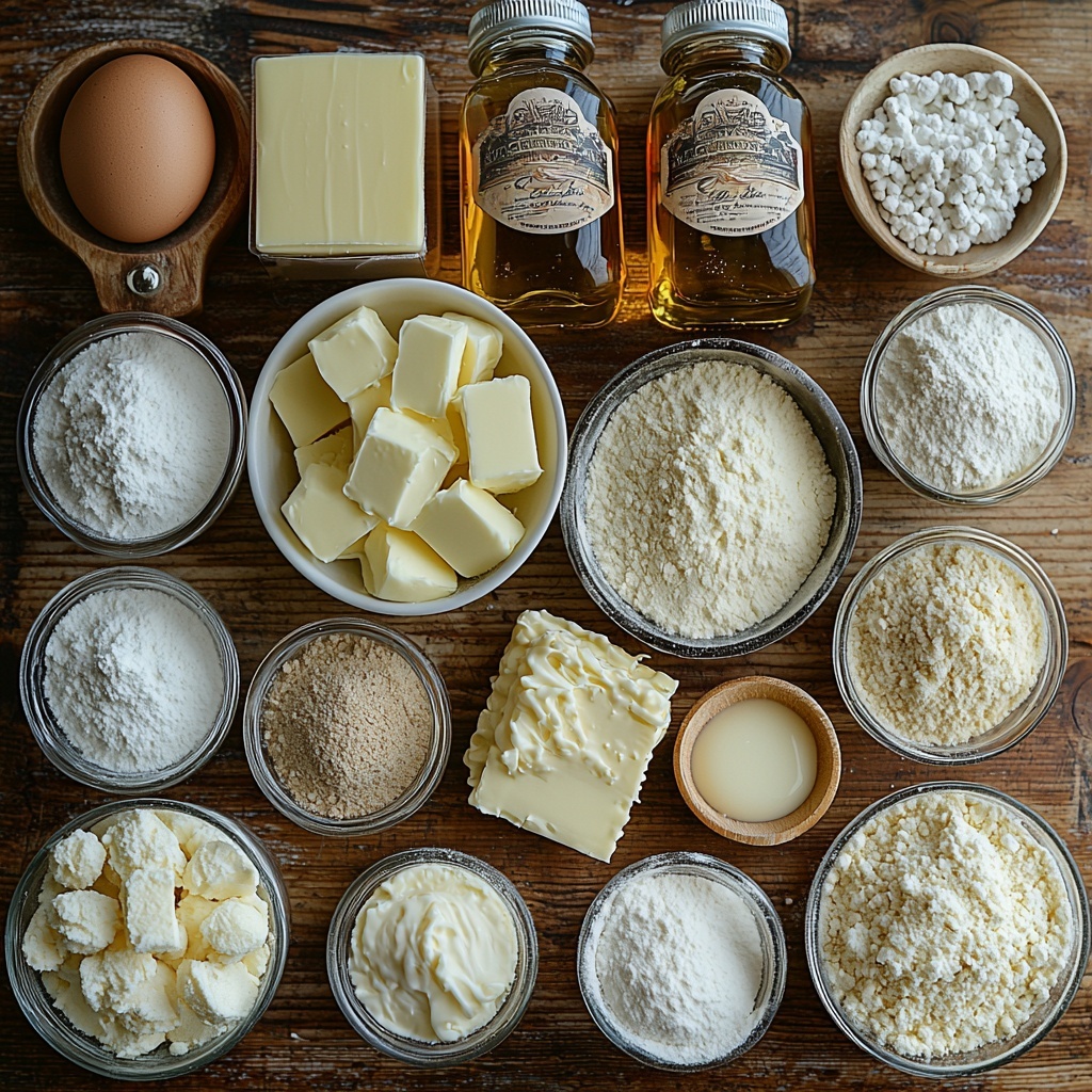 A clean, bright surface with all main ingredients for Crème Brûlée Cookies carefully arranged in a harmonious flat lay. Include a small bowl of pale yellow unsalted butter, a clear glass measuring cup with golden canola oil, small white bowls holding fine white granulated sugar and soft white confectioners’ sugar with a light powdery texture. Show one large brown-speckled egg nestled next to delicate glass bottles containing vanilla and almond extracts with amber liquid inside. Place a neat mound of ivory all-purpose flour with a slightly powdery surface alongside small white ramekins containing pale beige baking soda, cream of tartar, and fine white salt. Add a smooth rectangular block of creamy white cream cheese and a softened butter pat, both with soft texture details. Include a rustic wooden spoon and a metal sifter with some flour dusted lightly around for styling. Natural soft lighting enhances warm neutral tones and subtle textures, emphasizing purity and simplicity. The arrangement is balanced and spacious, with negative space around each item to create an inviting and organized composition. Overhead shot, top down view, flat lay photography, professional food styling --ar 1:1 --q 2 --s 750 --v 6.1