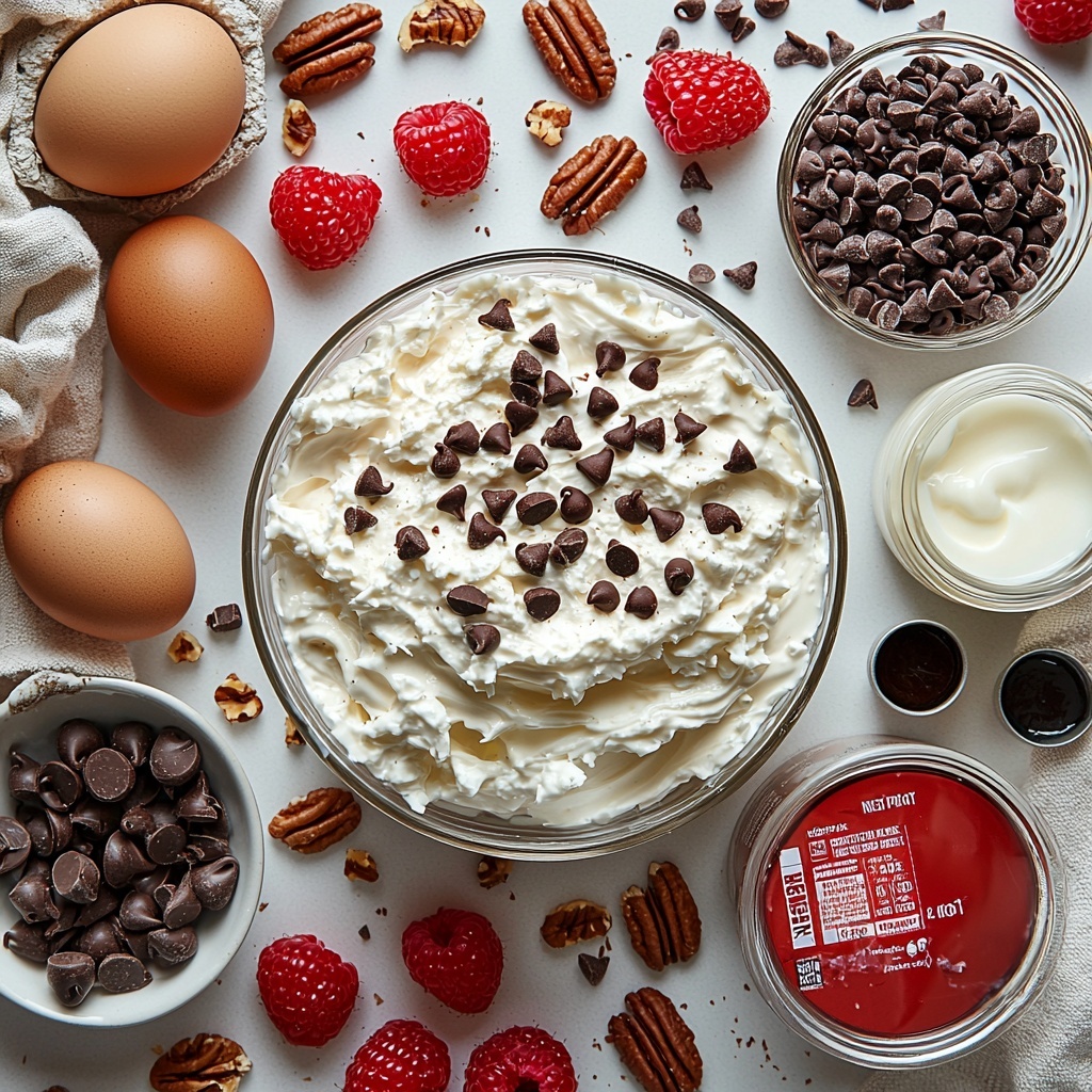 red velvet cake mix box with vibrant red and white packaging, three medium brown eggs at room temperature, a glass measuring cup filled with creamy white milk, a small clear bowl of golden vegetable oil, a tiny glass jar containing amber vanilla extract, a can of non-stick cooking spray with metallic silver and red accents, a block of smooth cream cheese on a white plate, a bowl of fine white confectioners’ sugar, a small cup of milk matching the larger glass, a tiny dish of clear vanilla extract, a bowl overflowing with glossy dark or semi-sweet chocolate chips, a small glass container holding rich heavy cream, a bowl of fluffy white whipped cream, fresh red berries including raspberries and strawberries scattered for vibrant color contrast, chopped pecans adding textured warm brown tones, powdered sugar lightly dusted on a few ingredients for a delicate snowy effect; all elements neatly arranged on a clean, bright white matte surface with natural soft daylight creating gentle shadows and highlighting the variety of textures—from smooth liquids and creamy cheeses to rough nuts and glossy chocolate—styled with minimal rustic props like a linen napkin and a vintage silver spoon for an inviting and elegant look; overhead shot, top down view, flat lay photography, professional food styling --ar 1:1 --q 2 --s 750 --v 6.1