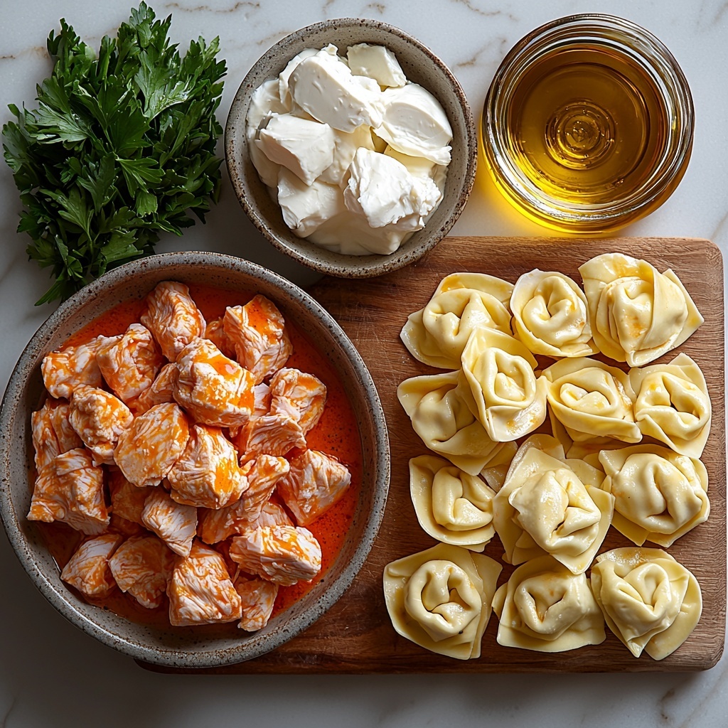 A clean white marble surface featuring an artful flat lay arrangement of the main ingredients for Buffalo Chicken Tortellini: bite-sized raw chicken breast pieces seasoned with salt and pepper displayed in a small rustic ceramic bowl; a small glass bowl of vibrant orange-red buffalo sauce with a smooth, glossy texture; a porcelain ramekin filled with thick, creamy white heavy cream; a block of soft, slightly crumbly cream cheese on a wooden cutting board; three peeled garlic cloves beside a silver garlic press; a neatly piled mound of plump, frozen cheese tortellini showcasing their ridged edges and pale yellow pasta; a small bunch of fresh, bright green parsley sprigs with delicate leaves scattered softly around; a small amber glass bowl with golden cooking oil catching the light; all elements spaced evenly with natural daylight highlighting the varied textures and colors, styled with minimal rustic props and soft shadows for a fresh, inviting look, overhead shot, top down view, flat lay photography, professional food styling --ar 1:1 --q 2 --s 750 --v 6.1