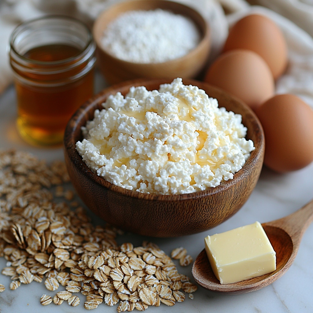 2 cups low-fat cottage cheese in a rustic small bowl with visible creamy texture, 6 large fresh brown eggs with smooth shells arranged neatly, a small glass bowl of melted golden butter glistening under soft light, a small jar of amber-colored 100% real maple syrup with syrup slightly dripping on the rim, a wooden spoon holding rolled oats showing coarse grain texture, a vintage teaspoon with white baking powder gently mounded, a tiny ceramic bowl with fine white salt, a small butter pat on a minimalist white plate, scattered rolled oats artfully placed on a clean bright white surface. Natural light highlights soft shadows and emphasizes warm creamy yellows, whites, and earthy neutral tones. The ingredients are arranged symmetrically and spaced evenly with minimal props for a clean, fresh, inviting flat lay composition. Overhead shot, top down view, flat lay photography, professional food styling --ar 1:1 --q 2 --s 750 --v 6.1