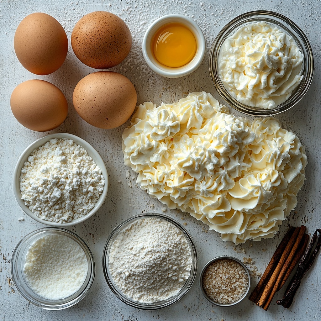 A clean, bright white surface showcasing the main ingredients for a Vanilla Swiss Roll Cake arranged neatly for flat lay photography: four large brown eggs with smooth shells placed in a loose cluster; a small glass bowl of fine white confectioners' sugar, slightly dusted around the rim; a clear measuring cup filled with sparkling white granulated sugar; a small white ramekin containing creamy off-white vanilla bean paste with visible tiny vanilla seeds; a neat pile of pale beige all-purpose flour with soft, powdery texture; a white bowl of thick, glossy heavy cream with soft peaks; a tiny bowl of fine white confectioners’ sugar for dusting; a small pinch bowl holding fine white salt. The ingredients are spaced evenly, with delicate natural light casting soft shadows, emphasizing the varied textures — smooth eggshells, powdery sugar and flour, and silky cream. Minimal props, clean lines, and a neutral color palette create a fresh, inviting atmosphere. Overhead shot, top down view, flat lay photography, professional food styling --ar 1:1 --q 2 --s 750 --v 6.1