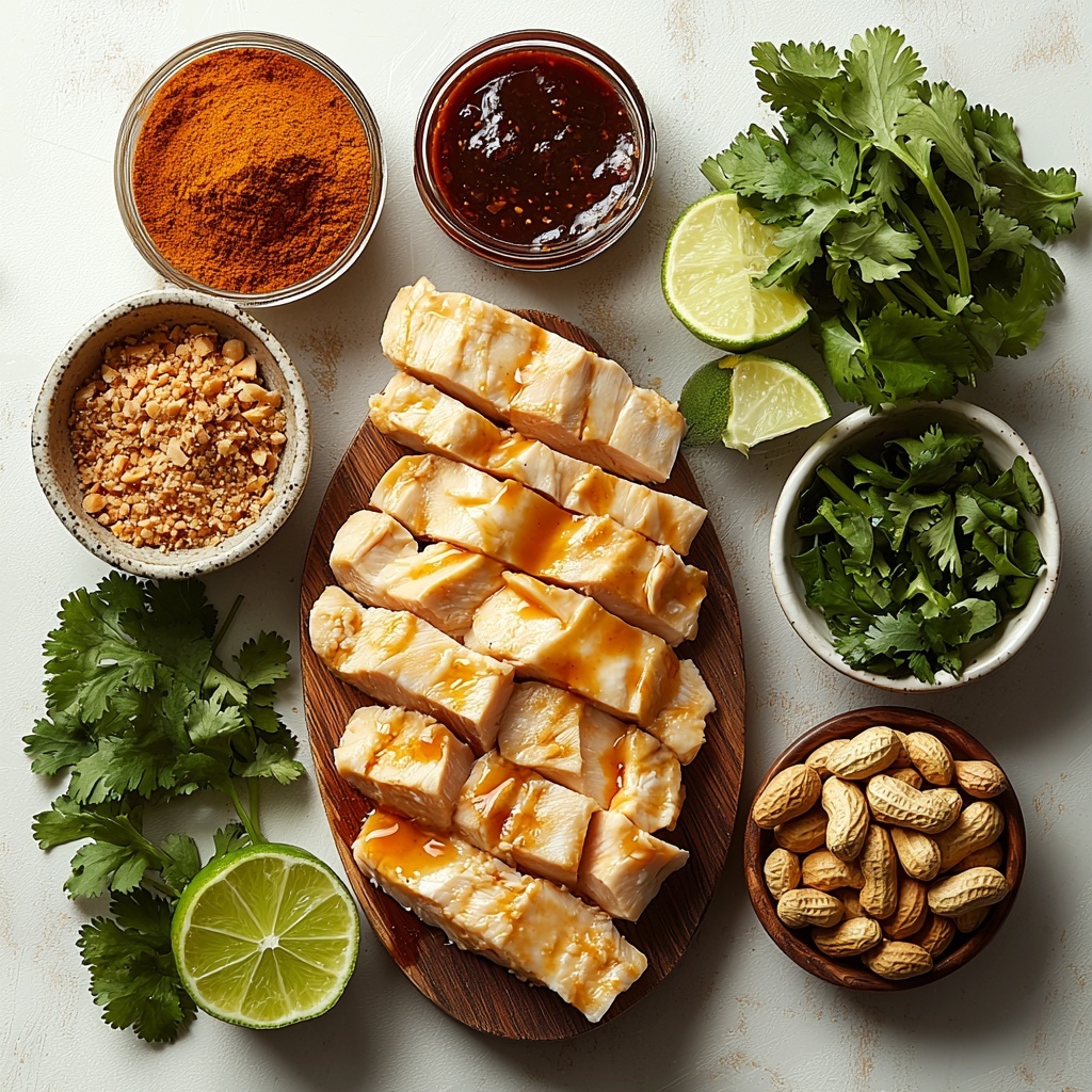 boneless skinless chicken breasts cut into thin strips arranged neatly on a small wooden board, a small white bowl filled with creamy light beige peanut butter, a clear glass bowl with smooth white coconut milk, a small dish of dark amber soy sauce, a heap of rich golden brown packed brown sugar in a rustic ceramic bowl, minced fresh garlic cloves scattered artfully near a wooden spoon, bright yellow curry powder sprinkled in a small ramekin, fresh green lime wedges grouped beside a small jar of vivid red Sambal oelek sauce, a tiny bowl with warm brown ground ginger powder, chopped roasted peanuts sprinkled loosely on a clean white surface, a few sprigs of vibrant green fresh cilantro casually placed nearby, all ingredients thoughtfully spaced on a clean white marble tabletop with natural soft light casting gentle shadows, textures ranging from creamy and smooth to coarse and powdery, colors popping beautifully with contrasts of warm browns, fresh greens, and creamy whites, styled with minimal rustic props and subtle reflections to enhance freshness and vibrancy, overhead shot, top down view, flat lay photography, professional food styling --ar 1:1 --q 2 --s 750 --v 6.1