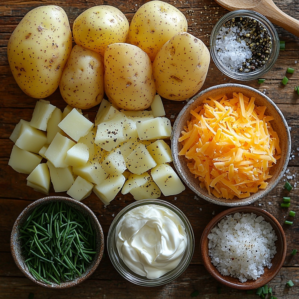 3 large russet potatoes, one whole and two cut into rustic chunks with rough skin texture and creamy white flesh visible; 1 medium onion finely chopped into small translucent pieces in a small white bowl; 1 cup sour cream smooth and glossy in a simple glass jar; 2 cups sharp Cheddar cheese grated in a loose pile, bright orange with a slightly crumbly texture; 1 tablespoon unsalted butter melted in a small ceramic dish shimmering golden yellow; 1 teaspoon coarse salt crystals scattered lightly; 1/2 teaspoon black pepper cracked and coarsely ground beside the salt; 1/4 cup fresh vibrant green chives finely chopped in a neat pile for garnish — all arranged neatly on a clean, light wooden surface with natural, soft daylight highlighting the varied textures and rich colors, styled with minimalistic props like a wooden spoon and small linen napkin to enhance the rustic yet elegant feel, overhead shot, top down view, flat lay photography, professional food styling --ar 1:1 --q 2 --s 750 --v 6.1