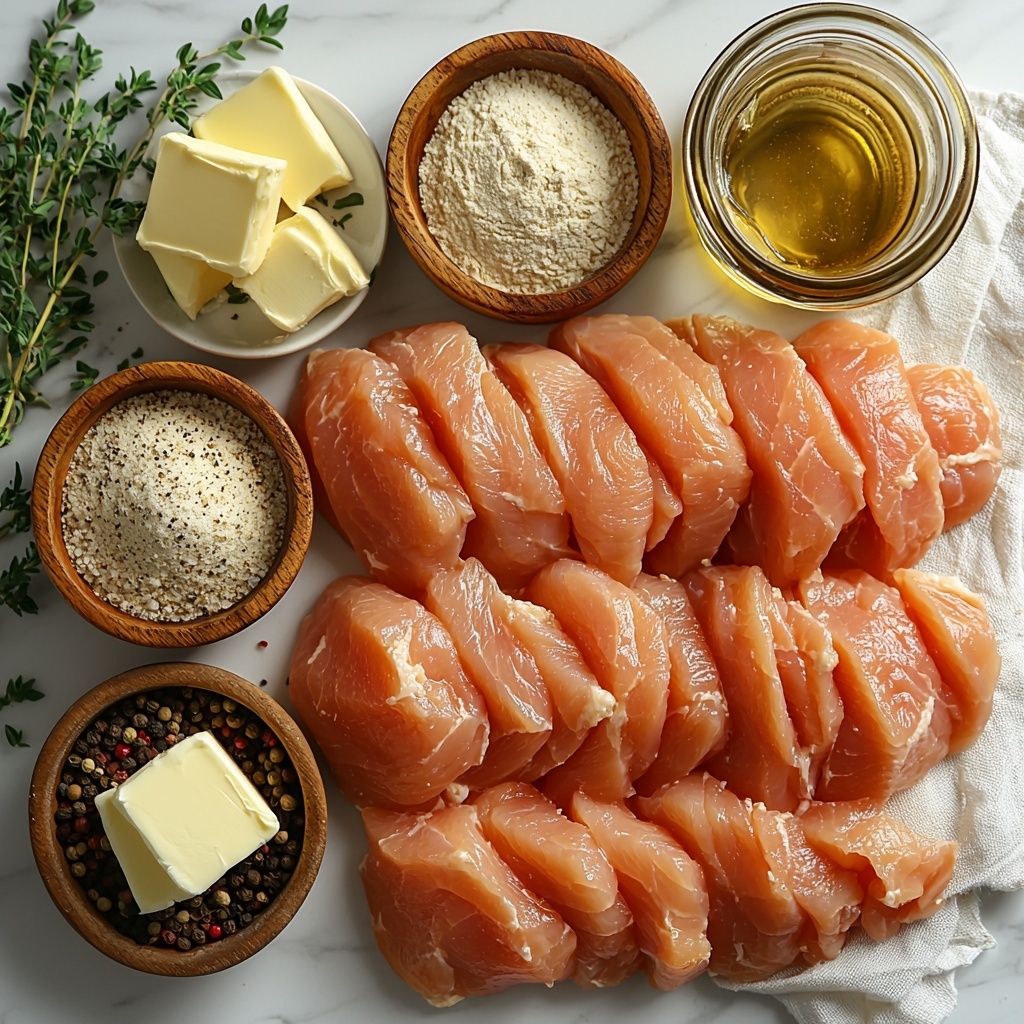 Chicken breast steaks raw, pale pink smooth texture, arranged neatly in a row on a clean white marble surface; small wooden bowl with bright red paprika powder, another bowl with fine off-white onion powder, and a bowl with light beige garlic powder; small heap of light brown cumin seeds next to crushed greenish thyme leaves; small glass jar of coarse kosher salt crystals and a tiny dish of cracked black peppercorns; mound of white all-purpose flour on a rustic linen cloth; transparent glass measuring cup filled with pale golden dry white wine; two small pats of creamy unsalted butter with soft texture on a white ceramic plate; fresh bright green roughly chopped parsley scattered delicately nearby; natural soft daylight casting gentle shadows, minimalistic styling emphasizing natural colors and textures, crisp clean background, overhead shot, top down view, flat lay photography, professional food styling --ar 1:1 --q 2 --s 750 --v 6.1