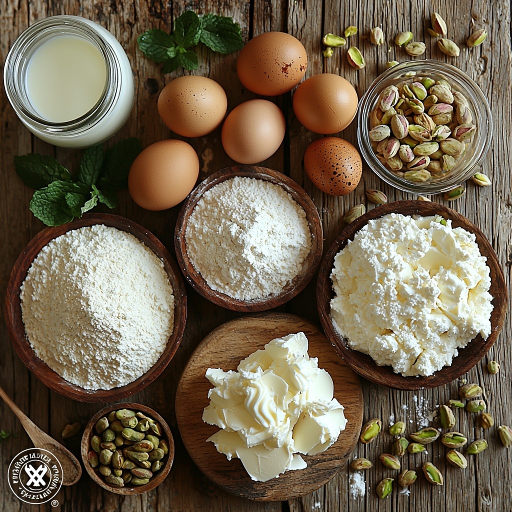 Pistachios whole and finely chopped in small bowls, all-purpose flour gently mounded on a white ceramic plate, ground pistachios displayed in a rustic wooden bowl, unsalted butter softened and cut into neat cubes on a small wooden board, granulated sugar in a clear glass jar, powdered sugar lightly dusted on a white linen napkin, large brown eggs cracked open with shells nearby, a small glass pitcher of whole milk, a dollop of creamy sour cream on a white porcelain spoon, a bowl of smooth mascarpone cheese, a bowl of heavy cream whipped to stiff peaks, vanilla beans and a small dish of vanilla extract, baking powder, baking soda, and salt measured in elegant glass ramekins. Ingredients carefully arranged on a clean, light wooden surface with subtle natural light casting soft shadows, fresh green pistachio kernels adding vibrant color contrast, textures ranging from powdery flour to creamy mascarpone and glossy eggshells, styling includes minimal props like a vintage silver spoon and a sprig of fresh mint for freshness. Overhead shot, top down view, flat lay photography, professional food styling --ar 1:1 --q 2 --s 750 --v 6.1
