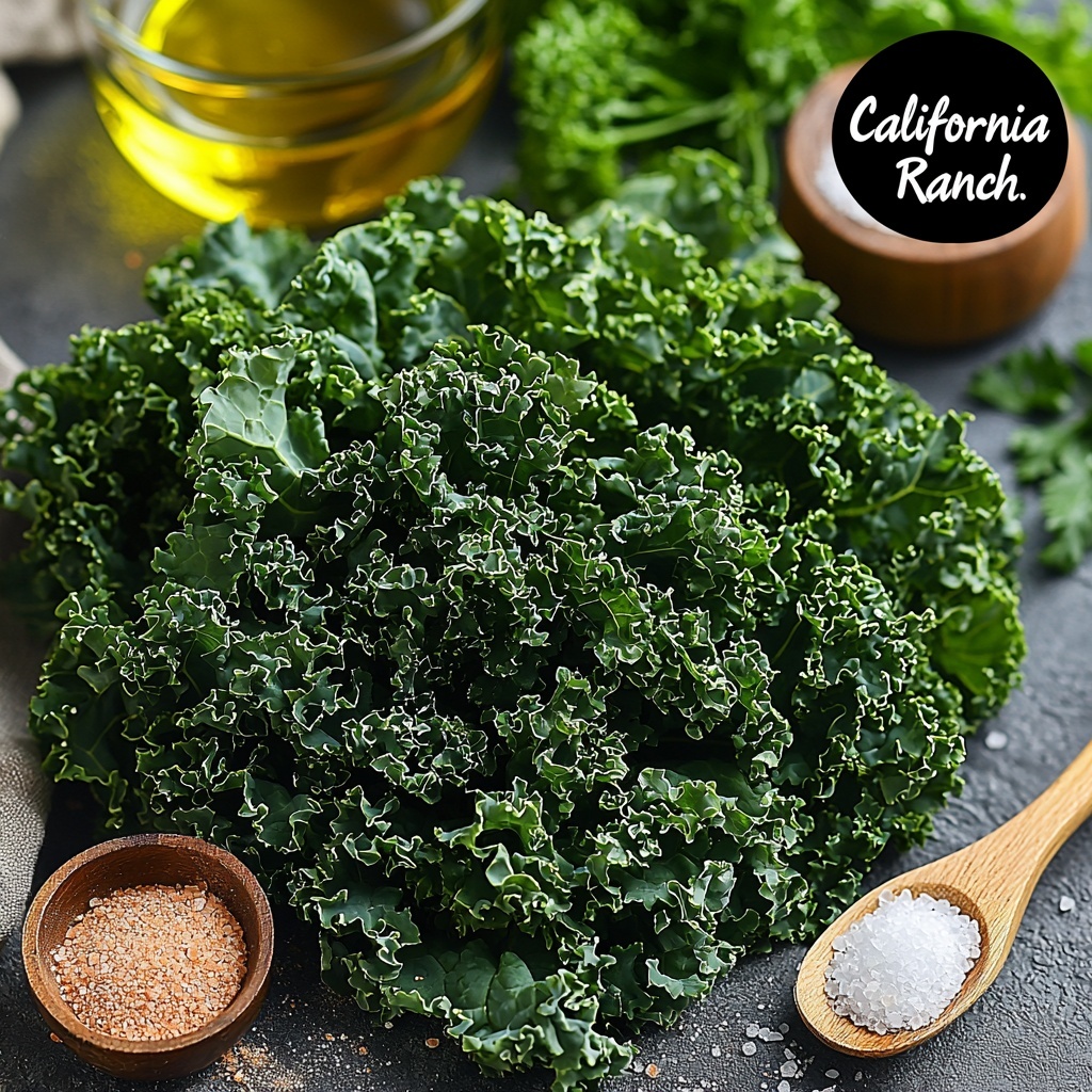 A clean, bright surface with a large bunch of fresh, vibrant green kale leaves torn into 2-inch pieces scattered loosely in the center, showcasing their ruffled texture and deep veins. Nearby, a small glass bowl filled with golden olive oil featuring a slight glossy sheen, labeled subtly “California Olive Ranch.” A small rustic dish containing coarse, sparkling Himalayan pink salt crystals with delicate pink hues. A neat pile of pale yellow nutritional yeast flakes arranged organically next to a tiny wooden spoon with a light dusting of garlic powder — fine, off-white powder with a soft texture. The ingredients are spaced evenly but naturally, with soft natural daylight casting gentle shadows to emphasize textures and freshness. The overall composition is airy and balanced with neutral-toned rustic linen and minimal props to keep focus on the ingredients. Overhead shot, top down view, flat lay photography, professional food styling --ar 1:1 --q 2 --s 750 --v 6.1