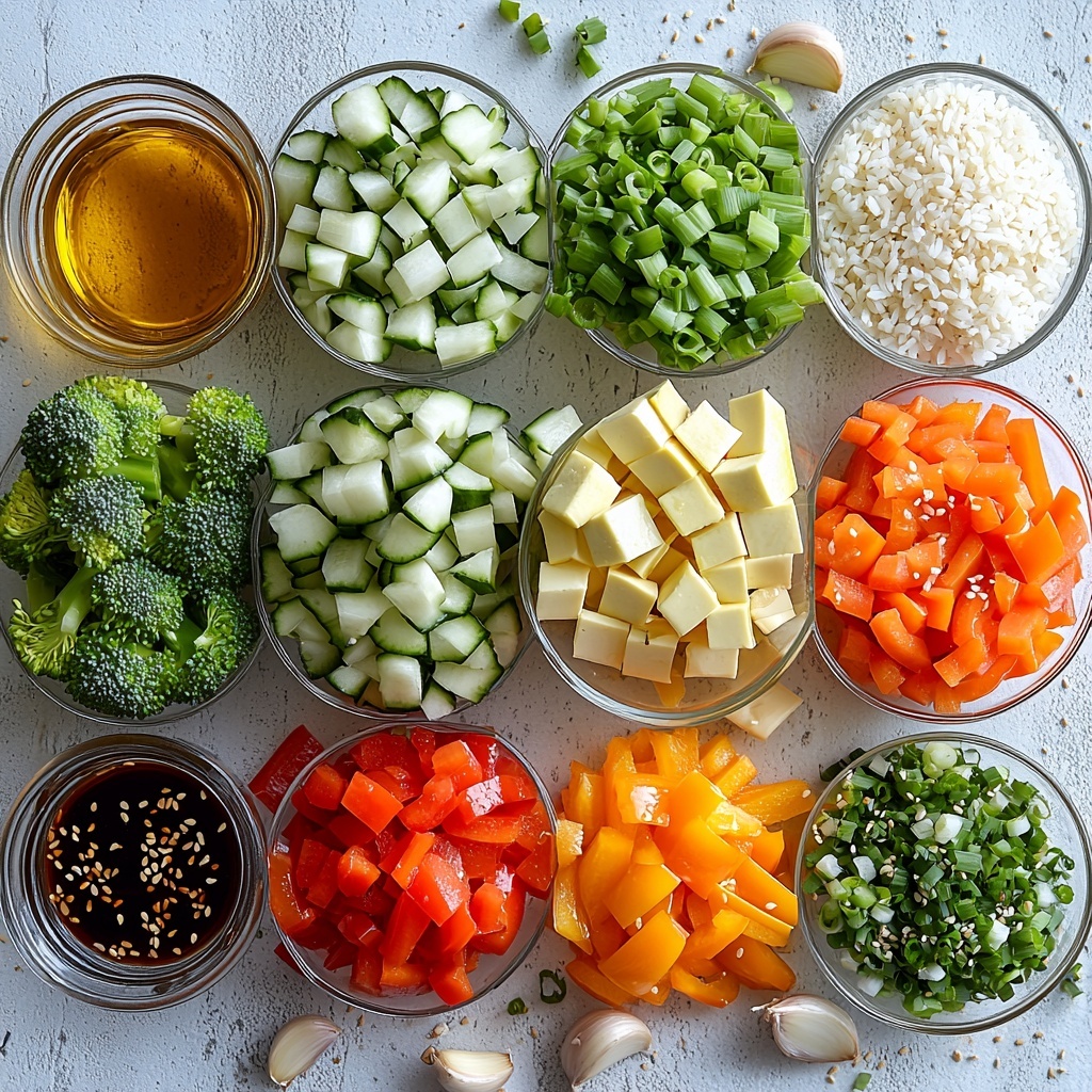 jasmine rice in a small clear bowl, basmati rice grains scattered nearby, a glass measuring cup of water or vegetable broth with a subtle shimmer, a small dish of golden vegetable oil, chopped vibrant red and yellow bell pepper pieces arranged in a neat pile, thinly sliced bright orange carrot strips fanned out, diced green zucchini cubes grouped together, fresh green broccoli florets clustered, crisp snap peas laid in a row, two cloves of garlic minced finely on a small white plate, a small bowl of dark soy sauce with a smooth surface, a tiny dish of amber sesame oil, scattered coarse salt and whole black peppercorns, a few light-colored sesame seeds sprinkled artistically, thinly sliced fresh green onions with bright white and green hues, all ingredients placed thoughtfully on a clean white textured surface with natural soft lighting, subtle shadows enhancing textures, colorful and fresh appearance, minimalistic and balanced composition, overhead shot, top down view, flat lay photography, professional food styling --ar 1:1 --q 2 --s 750 --v 6.1