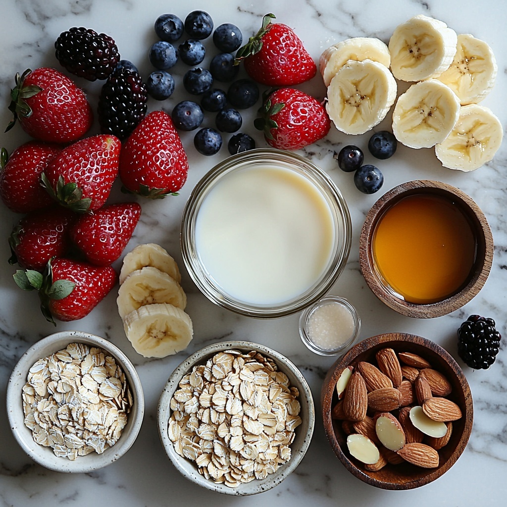 A clean white marble surface neatly arranged with the main ingredients for banana oatmeal pancakes: a small glass jug of unsweetened almond milk with a creamy off-white hue, two whole brown eggs and one separate egg white in a clear glass bowl displaying its glossy texture, a ripe yellow banana with slight brown speckles, a small wooden bowl filled with golden amber 100% real maple syrup, a rustic ceramic bowl overflowing with light tan rolled oats (gluten-free), a small spoonful of white baking powder powder subtly spilling onto the surface, a tiny dish containing coarse white salt, a glass vial with pale vanilla extract, a small pile of fresh mixed berries (vibrant red strawberries, deep blue blueberries, and purple blackberries) adding pops of color, scattered semi-sweet chocolate chips dark and shiny, thinly sliced banana pieces arranged in a small white plate, and a handful of sliced almonds with their warm beige color gently scattered around. The ingredients are thoughtfully spaced with some overlapping layers creating depth, soft natural morning light casting gentle shadows, a slightly rustic yet clean aesthetic emphasizing natural textures of oats and fruits, minimalistic props like simple white bowls and wooden spoons, capturing the freshness and wholesome nature of the recipe. Overhead shot, top down view, flat lay photography, professional food styling --ar 1:1 --q 2 --s 750 --v 6.1