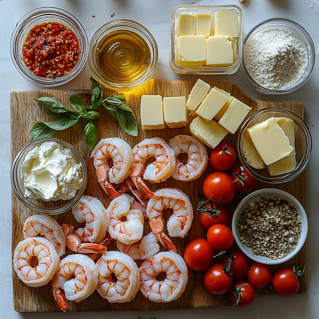 A clean white surface featuring a carefully arranged flat lay of ingredients for shrimp pasta: large raw shrimp with translucent pink and white shells, a small glass bowl of golden olive oil, a clear measuring cup with pale yellow dry white wine, a small dish of rich salted butter, three peeled garlic cloves and minced garlic on a wooden board, a small bowl with light beige all-purpose flour, a spoonful of deep red tomato paste on a white ceramic spoon, a clear glass jug filled with creamy half and half, a small bowl of light brown chicken broth, a tiny bottle or dropper of bright red hot sauce, a small dish with glossy golden honey, a can and a small bowl of vibrant red and green diced tomatoes with green chilies (juices visible), a dollop of soft white cream cheese on a small plate, a small bowl of finely grated pale yellow Parmesan cheese, a neat bundle of uncooked linguine with a pale golden color tied with twine, scattered dried green parsley flakes, tiny piles of off-white and muted green dried onion powder, basil, oregano, mustard powder, a pinch of coarse salt crystals, and a small bowl of dark red pepper flakes. All ingredients spaced evenly with natural soft shadows, emphasizing varied textures from smooth cheeses to flaky herbs, vibrant fresh colors balanced with neutral tones. Overhead shot, top down view, flat lay photography, professional food styling --ar 1:1 --q 2 --s 750 --v 6.1