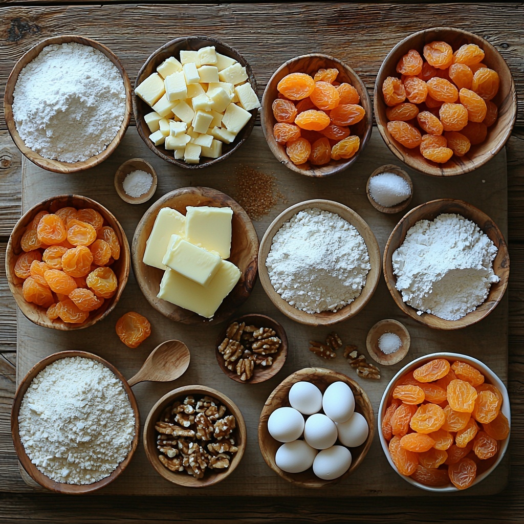 /Imagine a clean, light wooden surface arranged with neat piles and small bowls showcasing the main ingredients for apricot bars: a small mound of softened pale yellow butter, a bowl of fine white granulated sugar, a heap of light beige all-purpose flour divided into two portions, a rustic bowl of bright orange dried apricots, two large smooth brown eggs, a bowl of rich, deep amber packed brown sugar, a small dish with light brown chopped walnuts, a pile of snowy white sweetened flaked coconut, a tiny bowl of white powdered sugar dusted lightly nearby, and small amounts of baking powder and salt in elegant white ceramic spoons. The ingredients are spaced evenly, with natural soft daylight enhancing the warm tones and textures—creamy butter, powdery sugars, flaky coconut, and glossy apricots—all styled with minimal props like a wooden spoon and linen napkin edges subtly in frame. The composition balances warmth and freshness, inviting and organized, with sharp focus highlighting texture contrasts and a gentle shadow for depth. overhead shot, top down view, flat lay photography, professional food styling --ar 1:1 --q 2 --s 750 --v 6.1