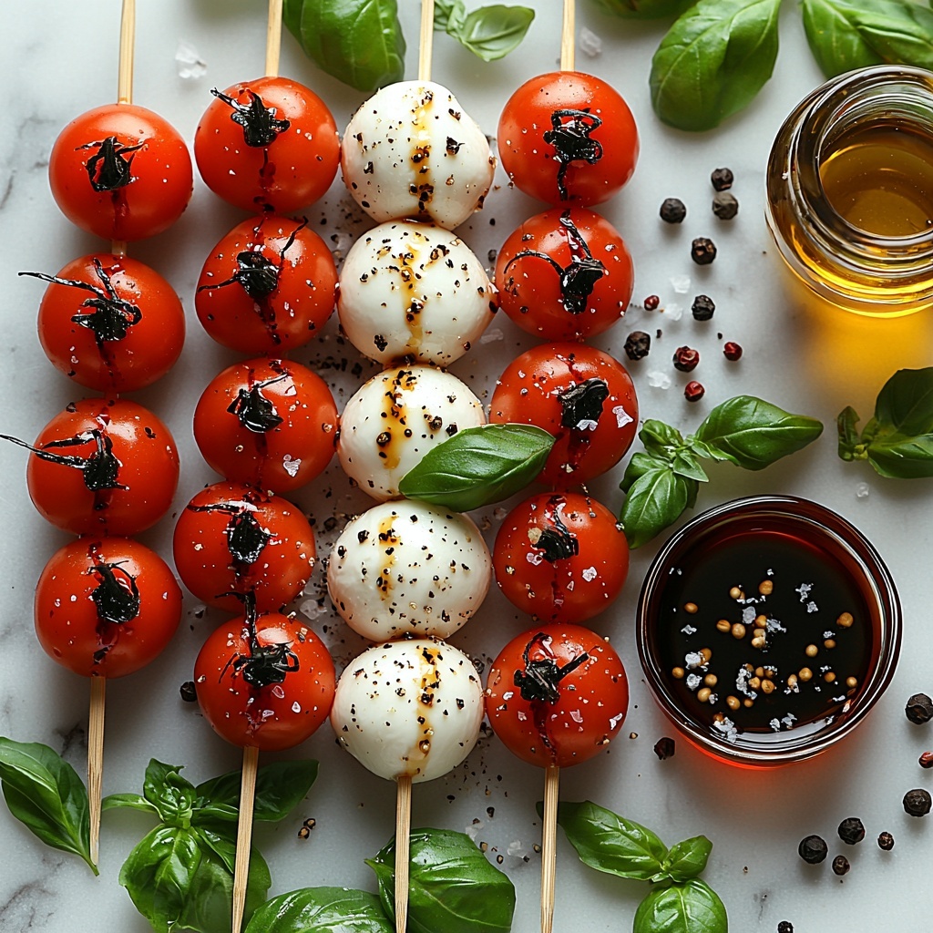 cherry tomatoes halved vivid red with glossy skin, mini mozzarella pearls creamy white and smooth, fresh bright green basil leaves with delicate veins, short wooden skewers light natural wood tone arranged neatly in parallel lines on a clean white marble surface, small glass bowl of dark glossy balsamic vinegar glaze with rich amber highlights, small dish of golden honey or maple syrup, sprinkle of coarse sea salt crystals and freshly cracked black peppercorns scattered artfully, drizzle bottle of extra-virgin olive oil with a golden shimmer, natural soft daylight illuminating textures and vibrant colors, subtle shadows for depth, rustic yet elegant styling emphasizing freshness and simplicity, overhead shot, top down view, flat lay photography, professional food styling --ar 1:1 --q 2 --s 750 --v 6.1