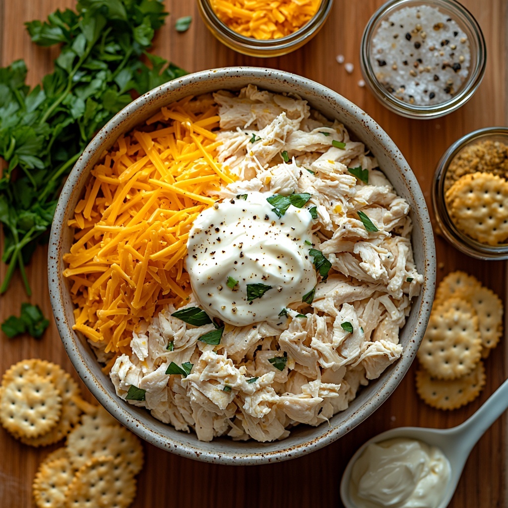 Shredded cooked chicken in a rustic white bowl with soft, fibrous texture and warm beige tones; creamy cheese sauce in a small glass jug with smooth, glossy surface and pale yellow color; crushed golden crackers piled loosely on a wooden cutting board showing crumbly texture; shredded cheddar cheese in a small ceramic bowl with bright orange strands; a dollop of thick, tangy sour cream on a pristine white spoon; a clear glass cup of light golden chicken broth with subtle sheen; small porcelain dishes containing fine white garlic powder and coarse salt and cracked black peppercorns arranged neatly; all ingredients placed on a clean, light oak wood surface with natural diffused lighting emphasizing the contrast of creamy, crumbly, and fibrous textures, styled with fresh green herbs and soft shadows for warmth and inviting appeal, minimalistic and elegant composition, overhead shot, top down view, flat lay photography, professional food styling --ar 1:1 --q 2 --s 750 --v 6.1
