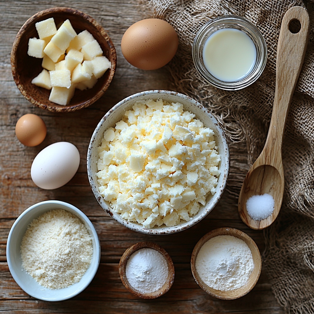 2 cups all-purpose flour in a small white ceramic bowl, next to a glass bowl with 1/4 cup granulated sugar, a wooden spoon resting beside them; nearby a rustic measuring cup with 1 tablespoon baking powder and a small dish with 1/2 teaspoon salt; two large brown eggs cracked open in a shallow dish with another uncracked egg beside them; a clear glass measuring cup with 1 cup milk reflecting soft natural light; a small white ramekin holding 1/4 cup melted unsalted butter with a butter knife; a small glass bowl containing 1 teaspoon vanilla extract, surrounded by a scattering of 1 1/2 cups diced vibrant green Granny Smith apples mixed with visible flecks of cinnamon and nutmeg on a textured linen napkin; a tiny white bowl with 1 teaspoon ground cinnamon beside a similar bowl with 1/4 teaspoon nutmeg; a shallow dish of neutral cooking oil for greasing; a separate elegant bowl with powdered sugar, a small white jug with 2 tablespoons milk, and a teaspoon of vanilla extract ready for glaze; all ingredients meticulously arranged on a clean light wooden surface with soft shadowing to highlight textures—powdered sugar powder looks soft and delicate, diced apples colorful and fresh, eggshell smooth and matte, melted butter glossy and warm; subtle pops of earth tones and creamy whites creating a harmonious palette; minimal props, natural lighting enhancing freshness and vibrancy, slight rustic farmhouse vibe; overhead shot, top down view, flat lay photography, professional food styling --ar 1:1 --q 2 --s 750 --v 6.1