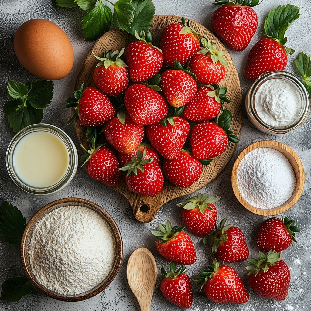 Fresh strawberries, whole and sliced, bright red with green leaves; smooth strawberry puree in a small glass bowl, vibrant pink; all-purpose flour in a rustic ceramic bowl, soft white powder; baking soda and baking powder as small white piles on a wooden spoon; coarse granulated sugar in a clear glass jar, sparkling white crystals; large brown eggs with a natural matte shell; unsalted butter, creamy pale yellow blocks at room temperature on a wooden cutting board; sour cream in a white porcelain ramekin, thick and glossy; vanilla extract in a small amber bottle with a wooden cap; milk in a clear glass measuring cup, milky white; sifted powdered sugar spilled lightly over a linen napkin adding soft texture; pinches of salt in a tiny white dish; ingredients arranged neatly on a clean white marble surface with soft natural lighting, subtle shadows to emphasize textures, some fresh strawberry leaves scattered for color contrast, minimal and airy composition, delicate props including wooden spoons and ceramic bowls, overhead shot, top down view, flat lay photography, professional food styling --ar 1:1 --q 2 --s 750 --v 6.1