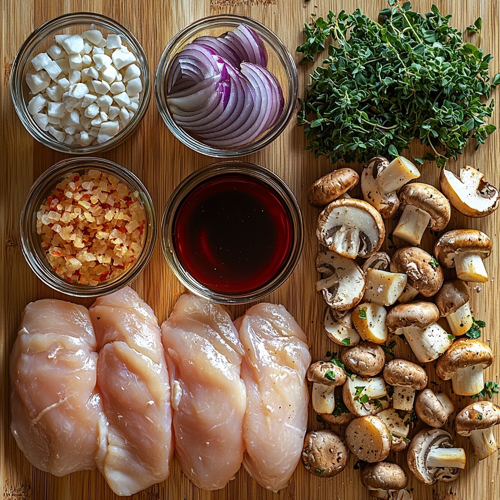 4 boneless skinless chicken breasts raw with pale pink hue, 2 cups fresh sliced white and brown mushrooms showing delicate gills and earthy textures, 1 medium onion chopped into uneven white and purple pieces, 3 cloves garlic minced finely with creamy off-white color, small bowl of golden chicken broth shimmering slightly, clear glass dish with glossy dark soy sauce, dried thyme sprigs with muted green-gray leaves, bright red paprika powder scattered artistically, small heap of coarse salt and black peppercorns, tablespoon of fine white cornstarch powder, fresh vibrant green chopped parsley with delicate leaf shapes; all neatly arranged on a clean light wooden surface, ingredients spaced evenly with natural shadows, textures emphasized - the smooth chicken, rough mushrooms, flaky onion layers, glossy liquids; warm natural lighting enhancing colors and freshness, minimal props to maintain focus on ingredients, rustic and inviting aesthetic, overhead shot, top down view, flat lay photography, professional food styling --ar 1:1 --q 2 --s 750 --v 6.1