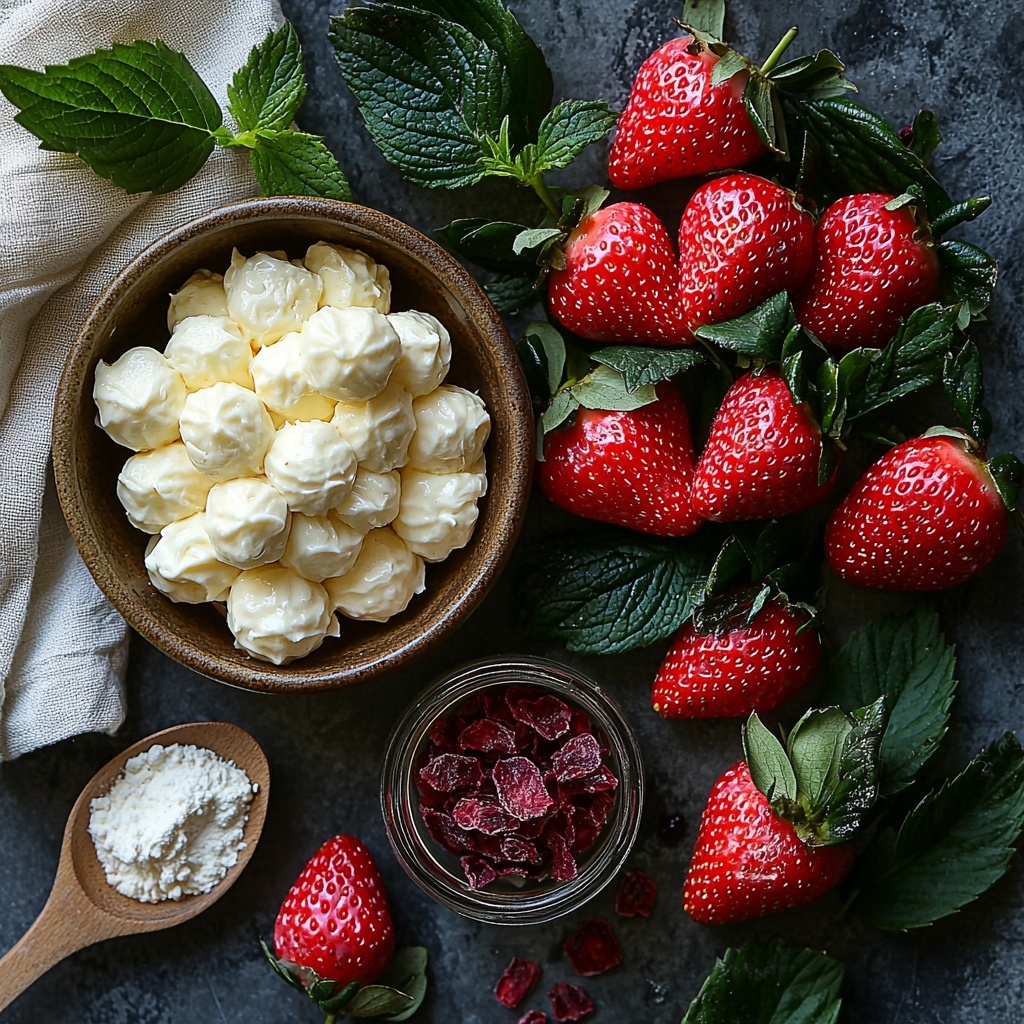 A clean, bright surface displaying the main ingredients for strawberry cheesecake fat bombs: a small bowl of creamy, smooth cream cheese with a soft texture; a handful of vibrant red fresh strawberries with green leafy tops alongside a few delicate, crunchy freeze dried strawberry pieces with a slightly faded red color; a small glass dish with clear, glossy vanilla extract; and a tiny wooden spoon resting next to a small heap of fine, white monk fruit sweetener powder. The ingredients are thoughtfully spaced to create balance and contrast, emphasizing the creamy, fresh, and natural qualities with natural light casting soft shadows. Subtle props include a light linen napkin and a rustic wooden spoon to add warmth and a cozy feel. The color palette highlights creamy whites, bright reds, and warm earthy tones. overhead shot, top down view, flat lay photography, professional food styling --ar 1:1 --q 2 --s 750 --v 6.1