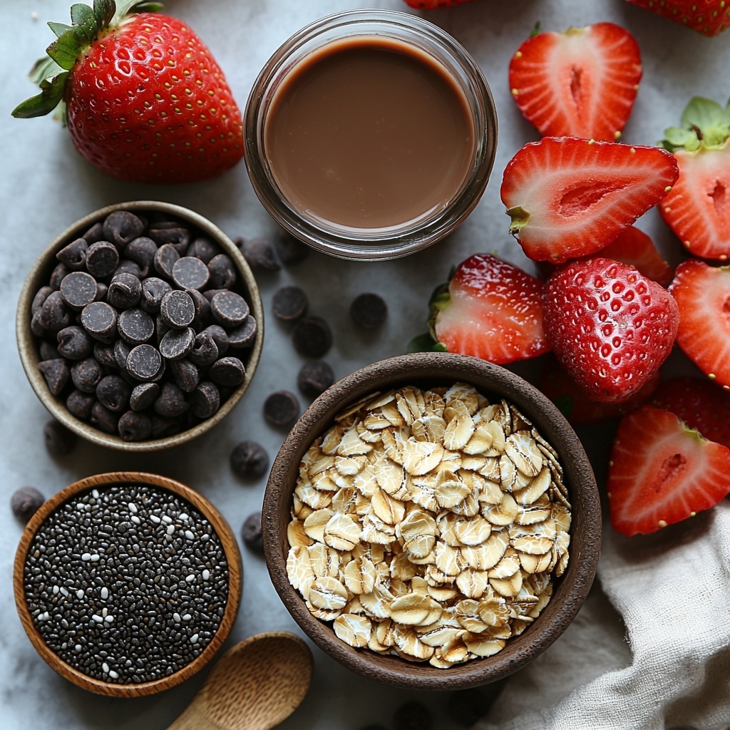 a flat lay of creamy chocolate overnight oats ingredients artfully arranged on a clean white surface: small bowls of unsweetened cocoa powder dark brown and powdery, glossy semi-sweet chocolate chips scattered in a neat pile, a tiny heap of glossy black chia seeds, a drizzle of amber-colored maple syrup in a clear glass container, a small mound of rolled oats off-white and textured, a handful of fresh sliced strawberries vibrant red with juicy seeds and green leafy tops, a glass of creamy, pale beige rice milk with subtle reflection; natural soft lighting highlighting textures and rich colors, minimal shadows, styled with a rustic linen napkin and a wooden spoon for warmth, composition balanced with negative space for airy feel overhead shot, top down view, flat lay photography, professional food styling --ar 1:1 --q 2 --s 750 --v 6.1