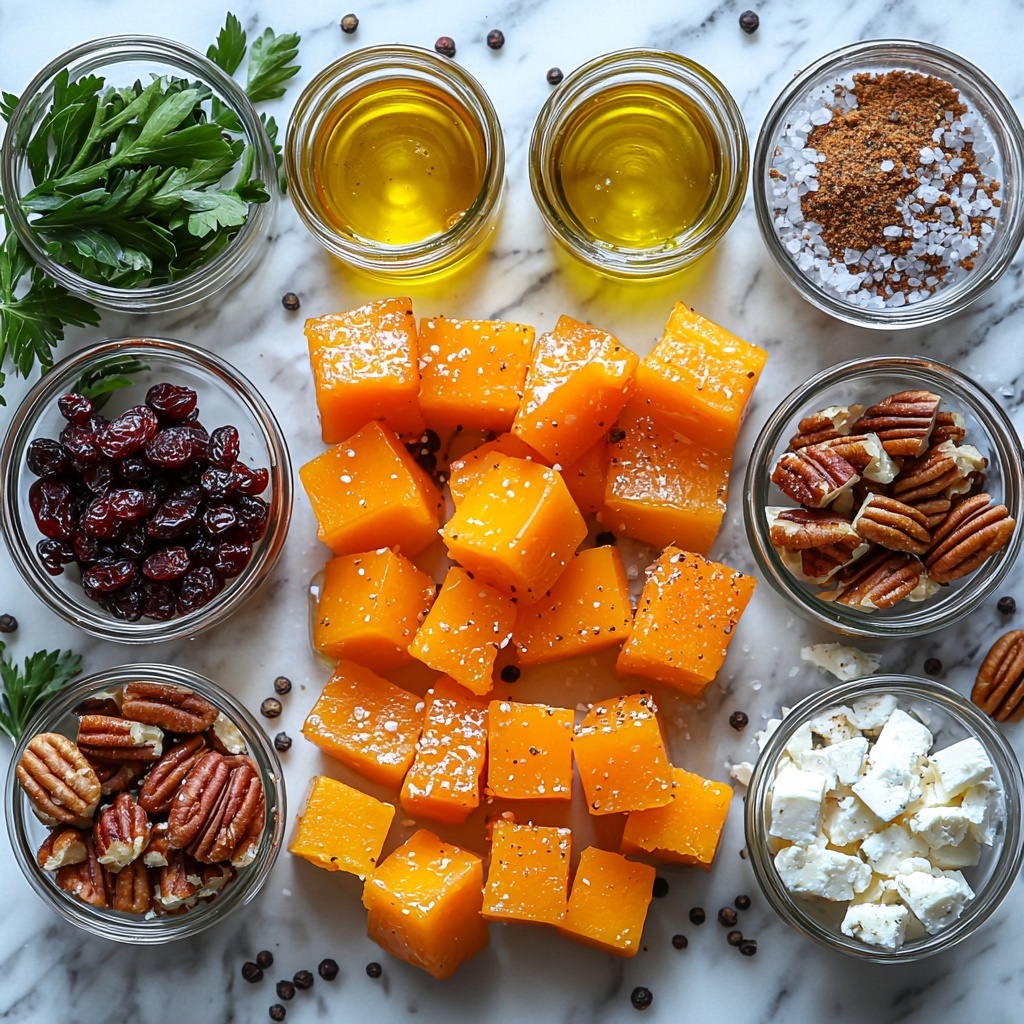 A bright, clean flat lay of fresh cooking ingredients neatly arranged on a smooth white marble surface: peeled butternut squash cubes in vibrant orange tones, small glass bowls of glossy olive oil and thick golden hot honey, scattered rustic chopped pecans with rich brown hues, crumbled creamy white feta cheese chunks, shiny deep red dried cranberries, and a small pile of finely chopped fresh green parsley. Accompanying small dishes contain ground sweet paprika, garlic powder, dried thyme, kosher salt, and black pepper, each presented as natural earthy powders in delicate white bowls. The ingredients are artfully spaced with natural shadows and subtle highlights, showcasing textures from smooth and shiny to rough and crumbly. Warm, natural daylight with soft directional lighting enhances the vivid colors and textures, creating an inviting, appetizing composition. Overhead shot, top down view, flat lay photography, professional food styling --ar 1:1 --q 2 --s 750 --v 6.1