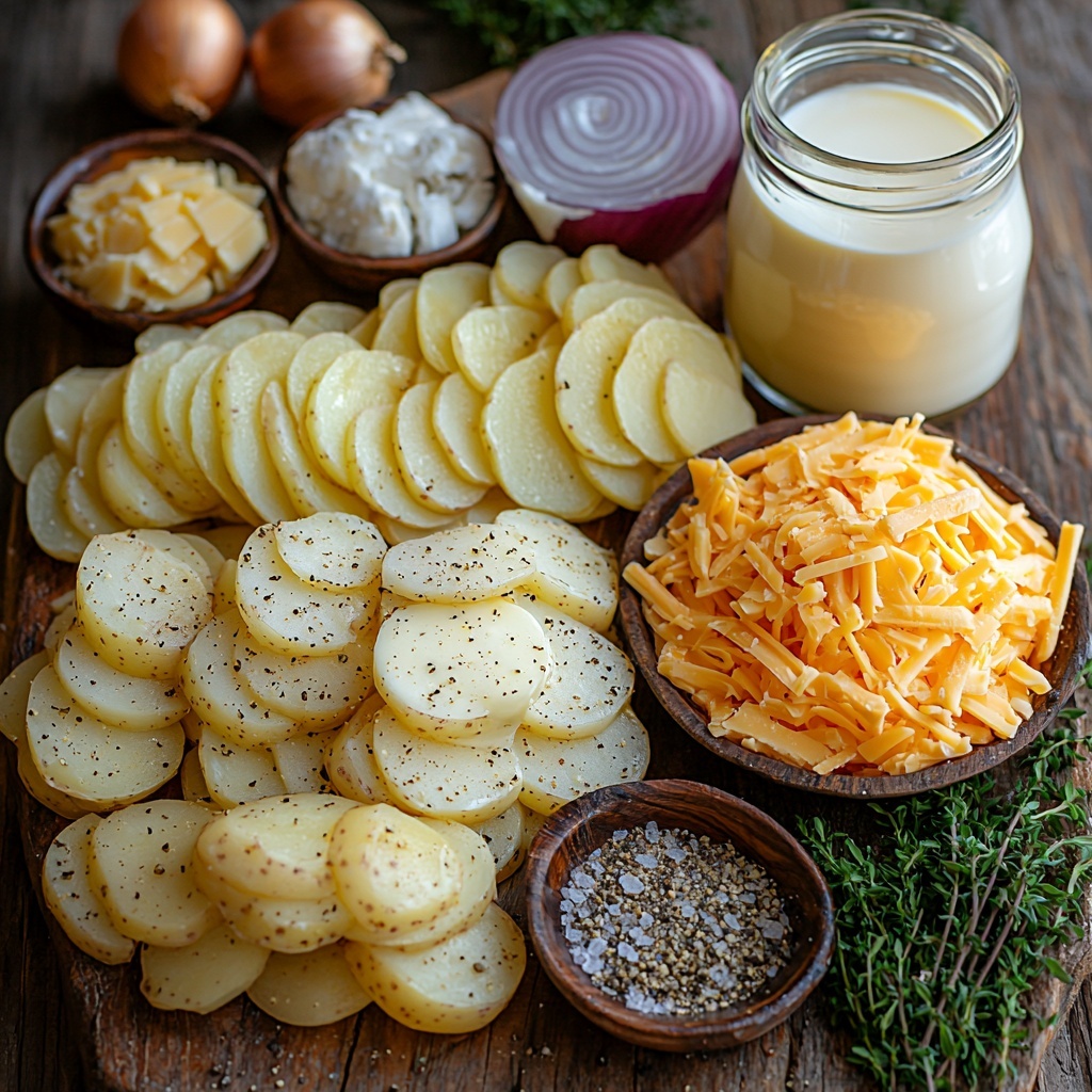 4-5 medium russet and Yukon Gold potatoes, peeled and thinly sliced, fanned out with smooth white and golden-yellow flesh; 2 cups creamy heavy cream in a small glass pitcher with a soft sheen; 2 cups shredded sharp cheddar cheese in a rustic ceramic bowl showing vibrant orange-yellow strands; 1 medium onion sliced into translucent pale purple rings, arranged in a neat stack; 2 cloves fresh garlic, whole and minced, with papery skins nearby; 2 tablespoons golden butter in a small dish, softly melting; fresh sprigs of green thyme and rosemary with delicate leaves adding a natural herbaceous touch; small bowls of coarse salt and black peppercorns; all ingredients meticulously spaced on a clean, light wooden surface that accentuates warm, earthy tones; subtle natural light casting soft shadows enhancing textures of smooth cream, flaky cheese, and crisp potato edges; minimalist styling emphasizing freshness and rustic comfort; overhead shot, top down view, flat lay photography, professional food styling --ar 1:1 --q 2 --s 750 --v 6.1
