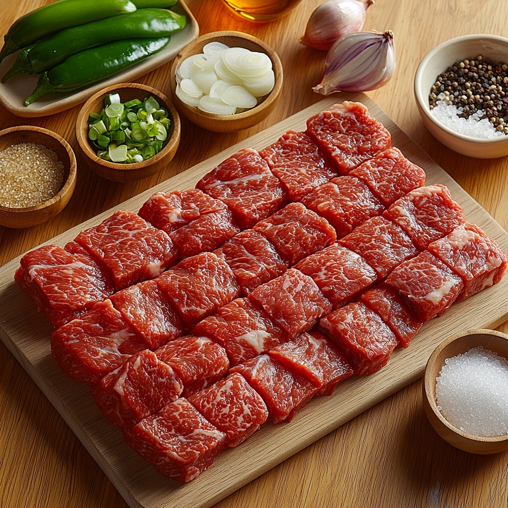 1.5 pounds thinly sliced beef top sirloin steak arranged in neat stacks showcasing the marbled texture, small bowls containing golden brown packed brown sugar, dark amber soy sauce, clear water with a hint of gloss, and pale white cornstarch powder; scattered freshly ground black pepper and kosher salt crystals nearby; a small dish with finely minced garlic cloves, thinly sliced translucent white onion rings, vibrant green bell pepper strips and bright red bell pepper slices laid out separately in colorful rows; a tiny bowl of golden yellow vegetable oil and a small mound of warm brown ground ginger powder. All ingredients placed on a clean, light wooden surface with natural soft daylight highlighting the varied textures and vivid colors, styled with minimal rustic props like wooden spoons and a linen napkin to enhance the fresh, wholesome feel. overhead shot, top down view, flat lay photography, professional food styling --ar 1:1 --q 2 --s 750 --v 6.1