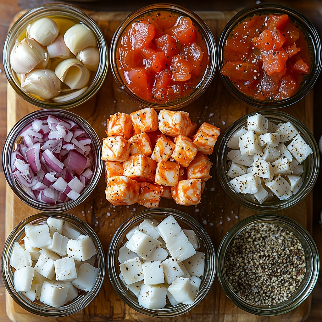 2 tablespoons olive oil in a small clear glass bowl with golden, glossy texture, 1 medium onion diced into neat cubes with bright white and purple layers visible, 4 cloves garlic minced finely showing creamy white color, 1 large can (28 ounces) crushed tomatoes with vibrant deep red chunky texture, 1 cup fish stock or broth in a transparent measuring cup with light amber liquid, 1 pound mixed seafood featuring fresh pink shrimp, white flaky fish fillets, and open clams with pearly interiors arranged artfully, small bowls of coarse salt and cracked black pepper, all laid out on a clean, light wooden surface with natural soft lighting highlighting the rich, fresh colors and textures, styled with rustic kitchen props like a small wooden spoon and a linen napkin for warmth, overhead shot, top down view, flat lay photography, professional food styling --ar 1:1 --q 2 --s 750 --v 6.1