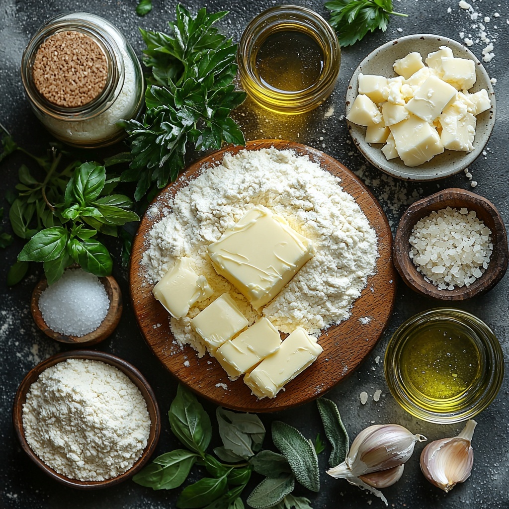 A clean, neutral-toned surface with all ingredients for garlic breadsticks evenly spaced and artfully arranged for a flat lay shot. Three cups of all-purpose flour in a small white bowl with a dusting of flour nearby, a jar or packet of active dry yeast showing fine granules, a small glass bowl of golden granulated sugar, a tiny ceramic dish of coarse sea salt, a clear measuring cup with warm water (110°F), a small bowl of glossy olive oil, and a melted butter pool in a small glass container. For the garlic butter mix: a rustic white bowl with melted butter blended with minced fresh garlic cloves, vibrant finely chopped fresh parsley, a small heap of garlic powder, a sprinkle of Italian seasoning herbs, and a pinch of salt, colorfully displayed in miniature bowls. A half-cup mound of freshly grated Parmesan cheese with its soft, crumbly texture visible, alongside a scattering of bright green fresh parsley leaves and a few whole garlic cloves with papery skins intact. The ingredients are laid out with natural lighting highlighting the varied textures—the smooth liquid oils, powdery flour, crumbly cheese, and fresh herbs—styled with subtle shadows, minimalistic props, and negative space for a clean, fresh, artisanal feel. Overhead shot, top down view, flat lay photography, professional food styling --ar 1:1 --q 2 --s 750 --v 6.1