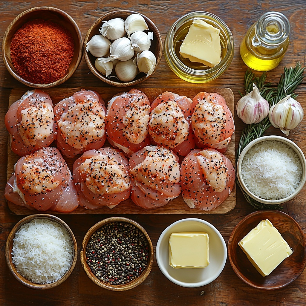 A clean, light wooden surface with ingredients arranged meticulously in a harmonious flat lay: raw chicken thighs showcasing a rich pink color and smooth, slightly glossy texture; small piles of coarse salt and freshly ground black pepper in tiny rustic bowls; a small glass bottle of golden olive oil with a subtle sheen; a pat of creamy butter resting on white parchment paper; a small wooden bowl filled with finely diced translucent white onion; three plump garlic cloves, one peeled showing its smooth white interior, alongside minced garlic in a delicate ceramic dish; a neat mound of white long-grain rice with visible grains scattered lightly around; a clear glass measuring cup filled with pale yellow chicken broth; a small white ramekin of thick, glossy heavy cream; and a tiny heap of warm reddish paprika powder on a small white ceramic plate. The ingredients are spaced evenly to create visual balance, with natural soft lighting casting gentle shadows to enhance texture and color contrast. Minimal props, neutral tones, and a clean, airy feel highlight the freshness and simplicity of each ingredient. overhead shot, top down view, flat lay photography, professional food styling --ar 1:1 --q 2 --s 750 --v 6.1